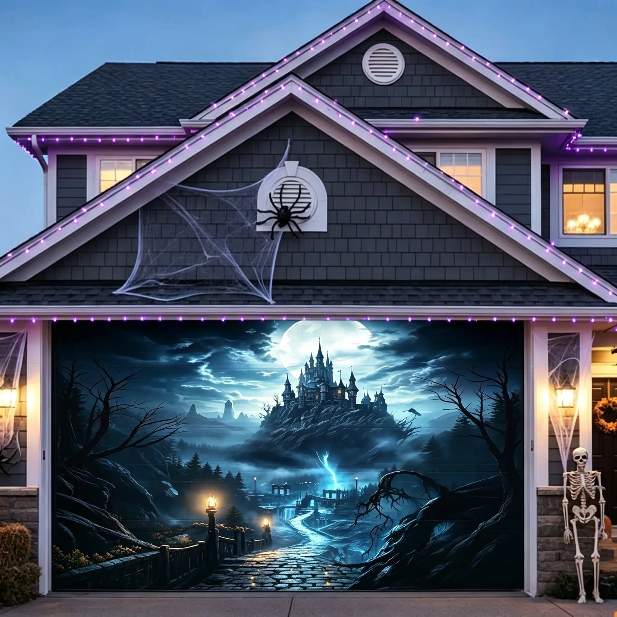 Backdrop Ideas For Halloween Moonlit Storm Castle Path Halloween Garage Door Decorations CSH67-7