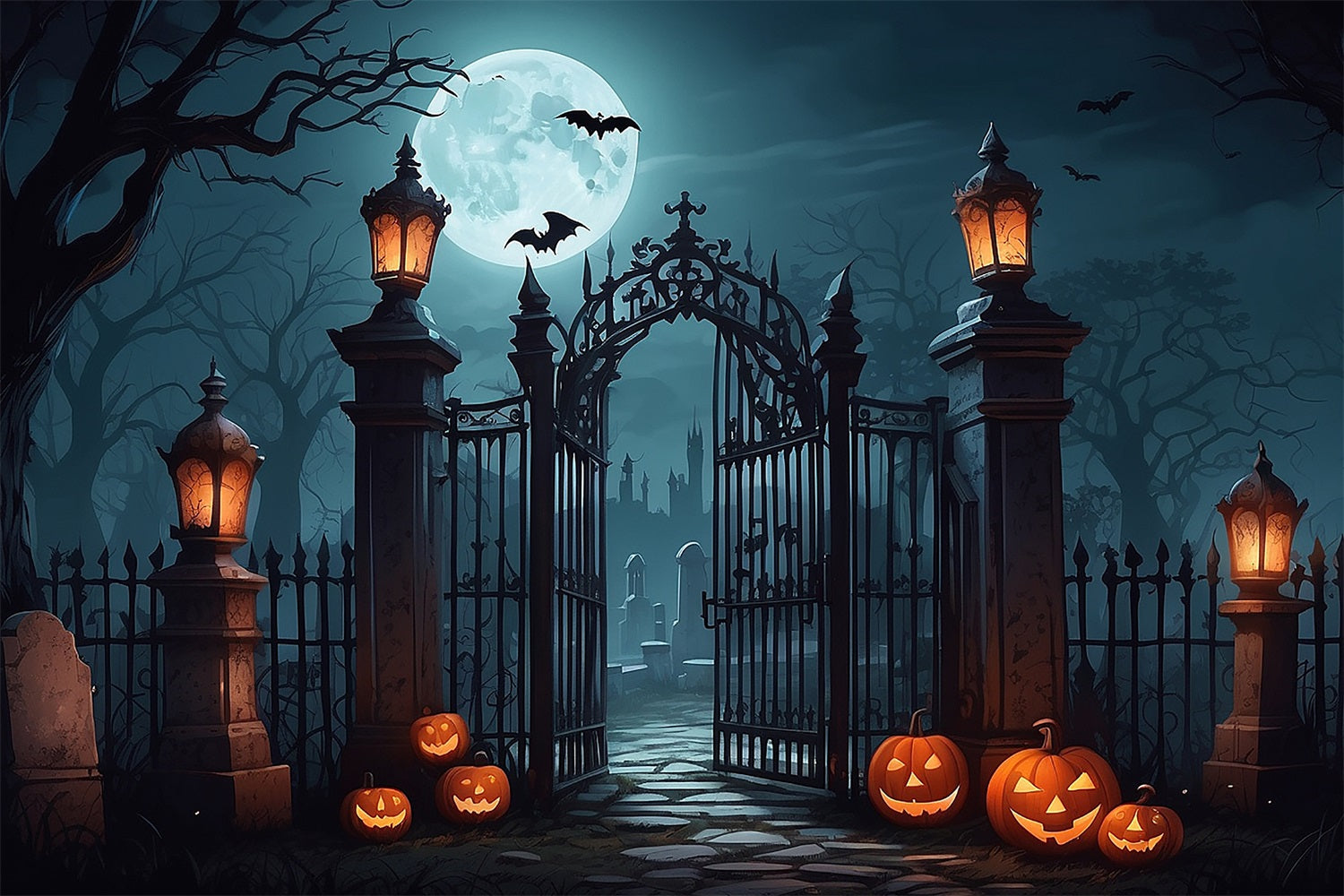 Halloween Backdrop Moonlit Pumpkin Cemetery Gateway Halloween Garage Door Decor CSH67-8