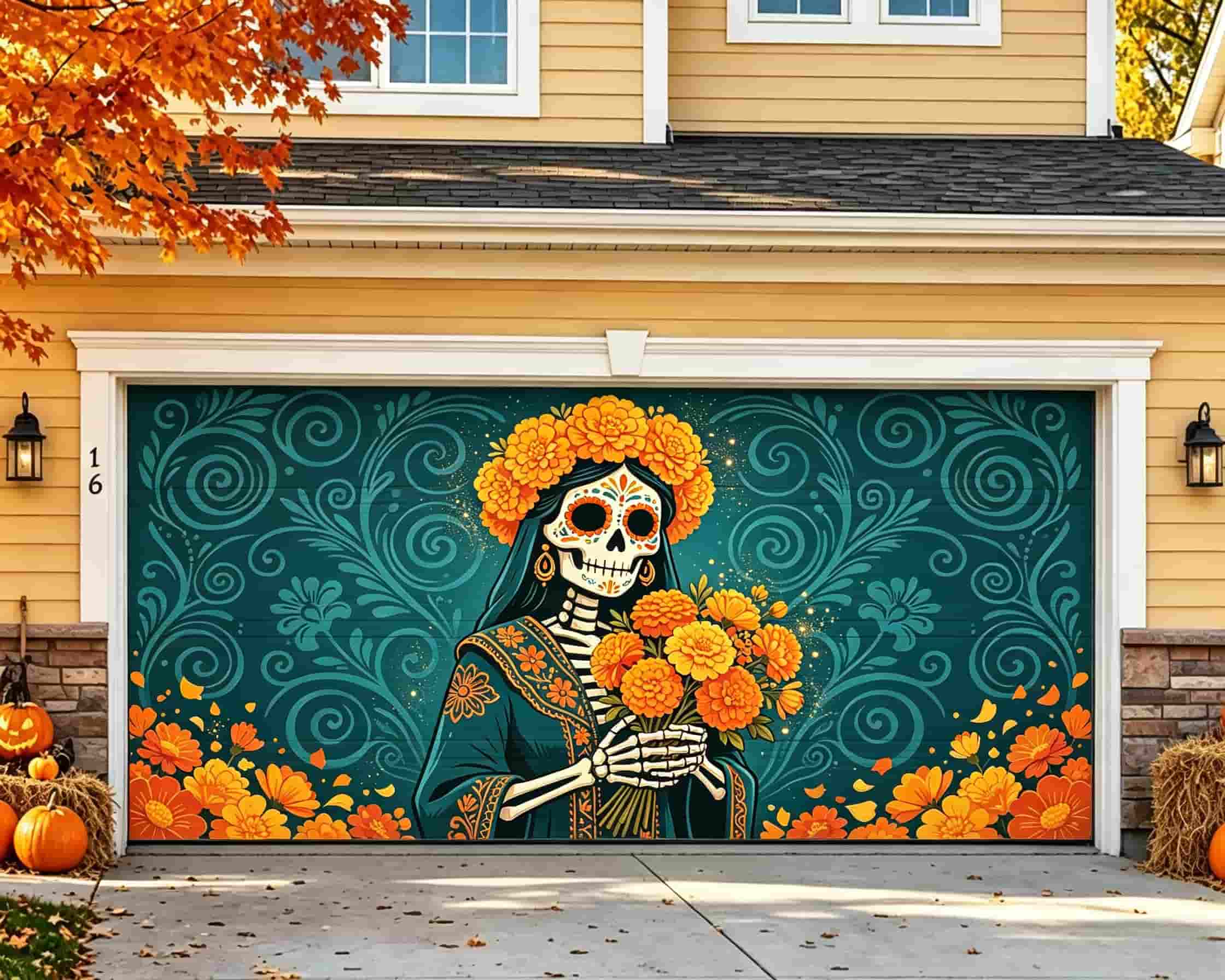 Skull Halloween Garage Door Decor Marigold Sugar Skull Bride Halloween Garage Door Decor CSH68-10-2 car