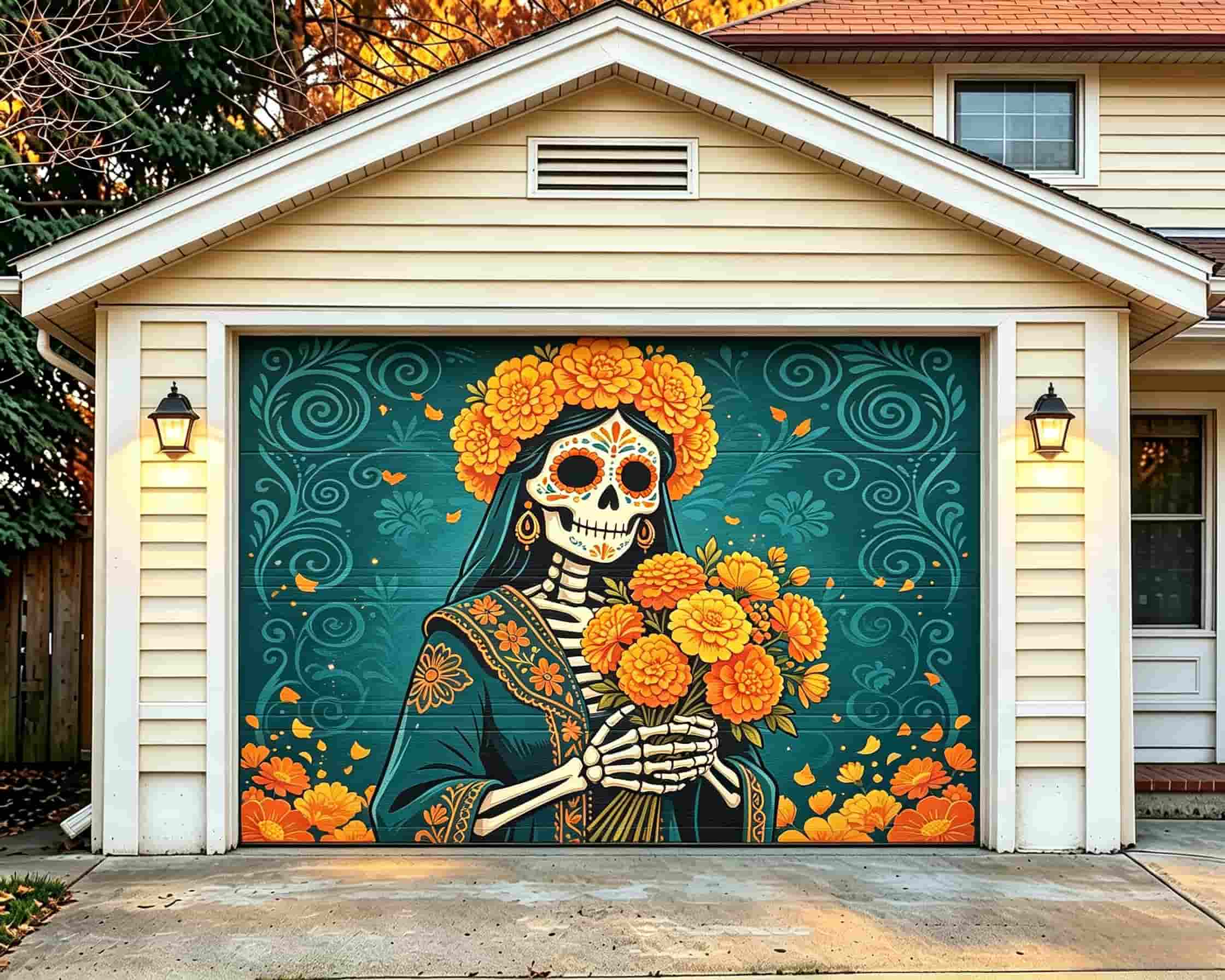 Skull Halloween Garage Door Decor Marigold Sugar Skull Bride Halloween Garage Door Decor CSH68-10-1 car