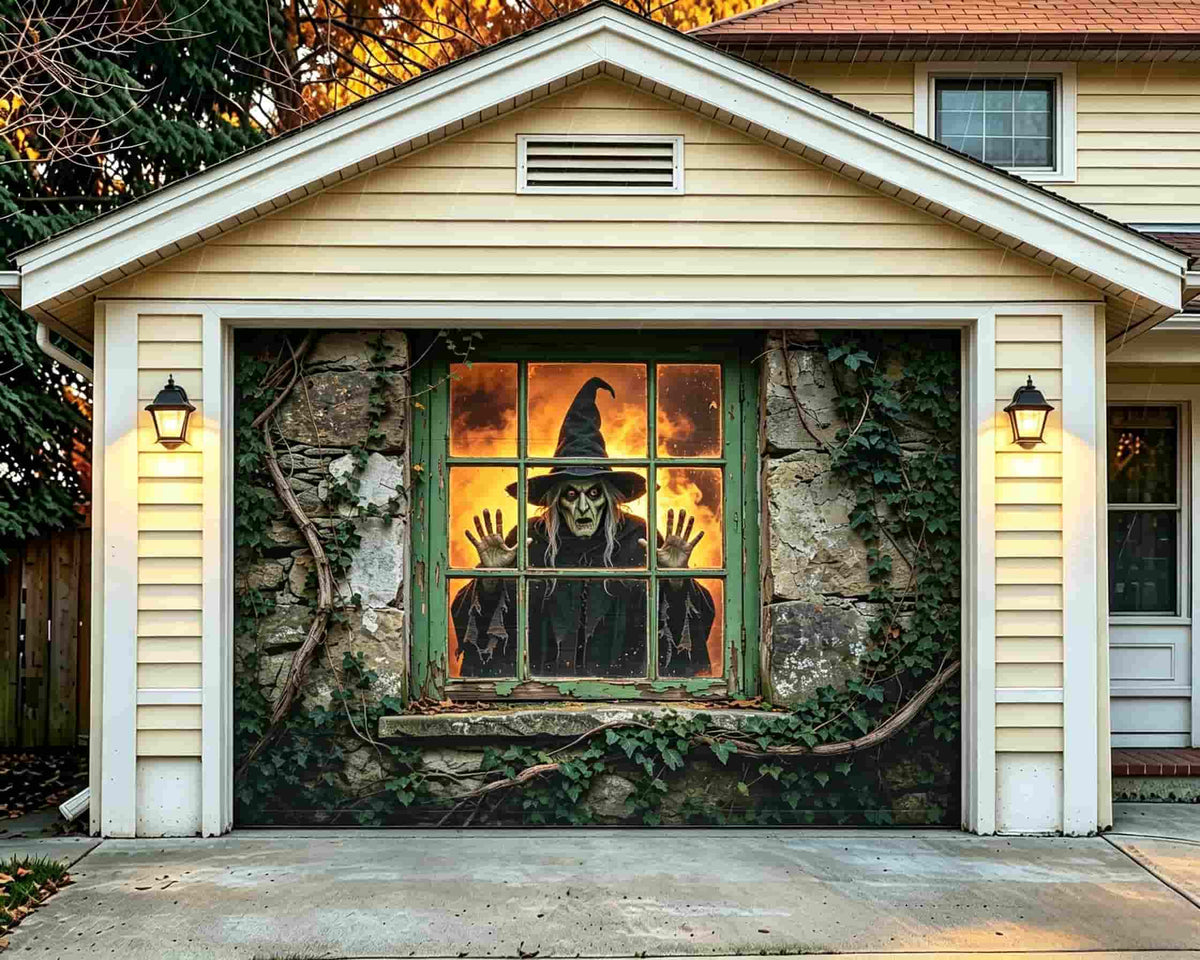 Haunted House Garage Door Cover Creepy Witch Cottage Window Halloween Outdoor Garage Decorations CSH68-12-1 car