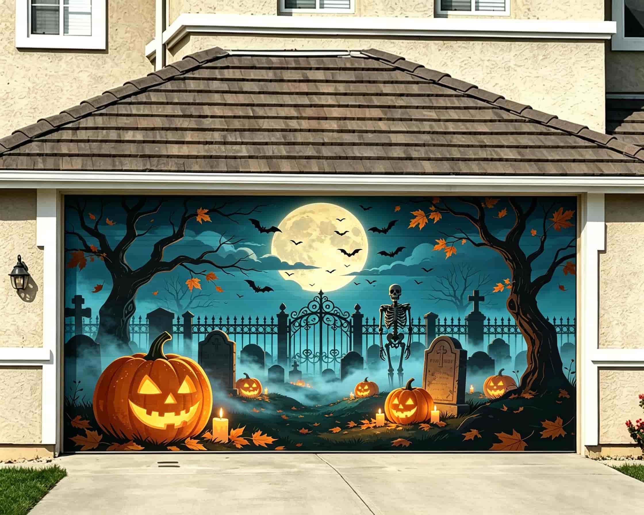 Graveyard Halloween Garage Door Cover Moonlit Skeleton Gate Halloween House Garage Decorations CSH68-13-2 car