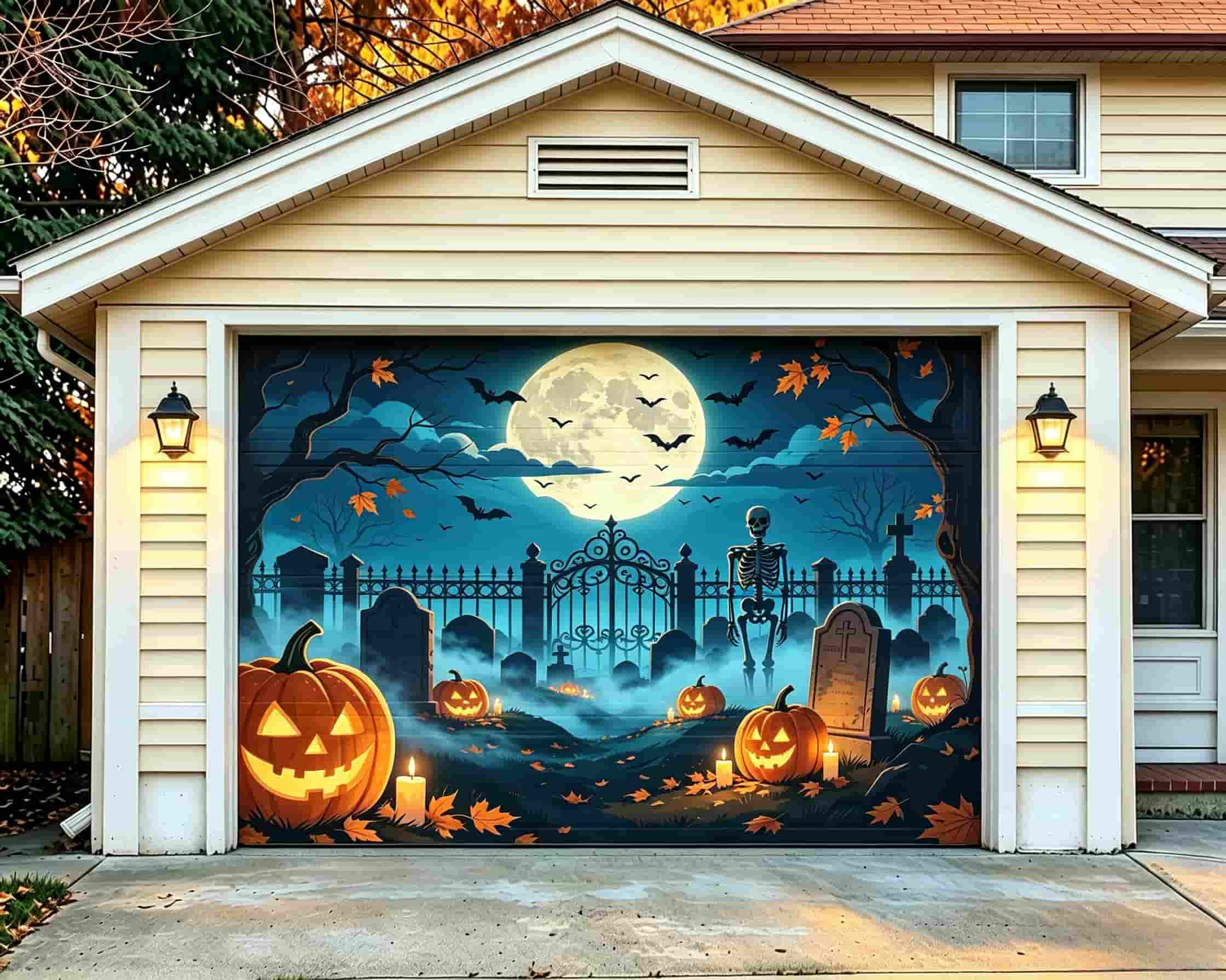 Graveyard Halloween Garage Door Cover Moonlit Skeleton Gate Halloween House Garage Decorations CSH68-13-1 car