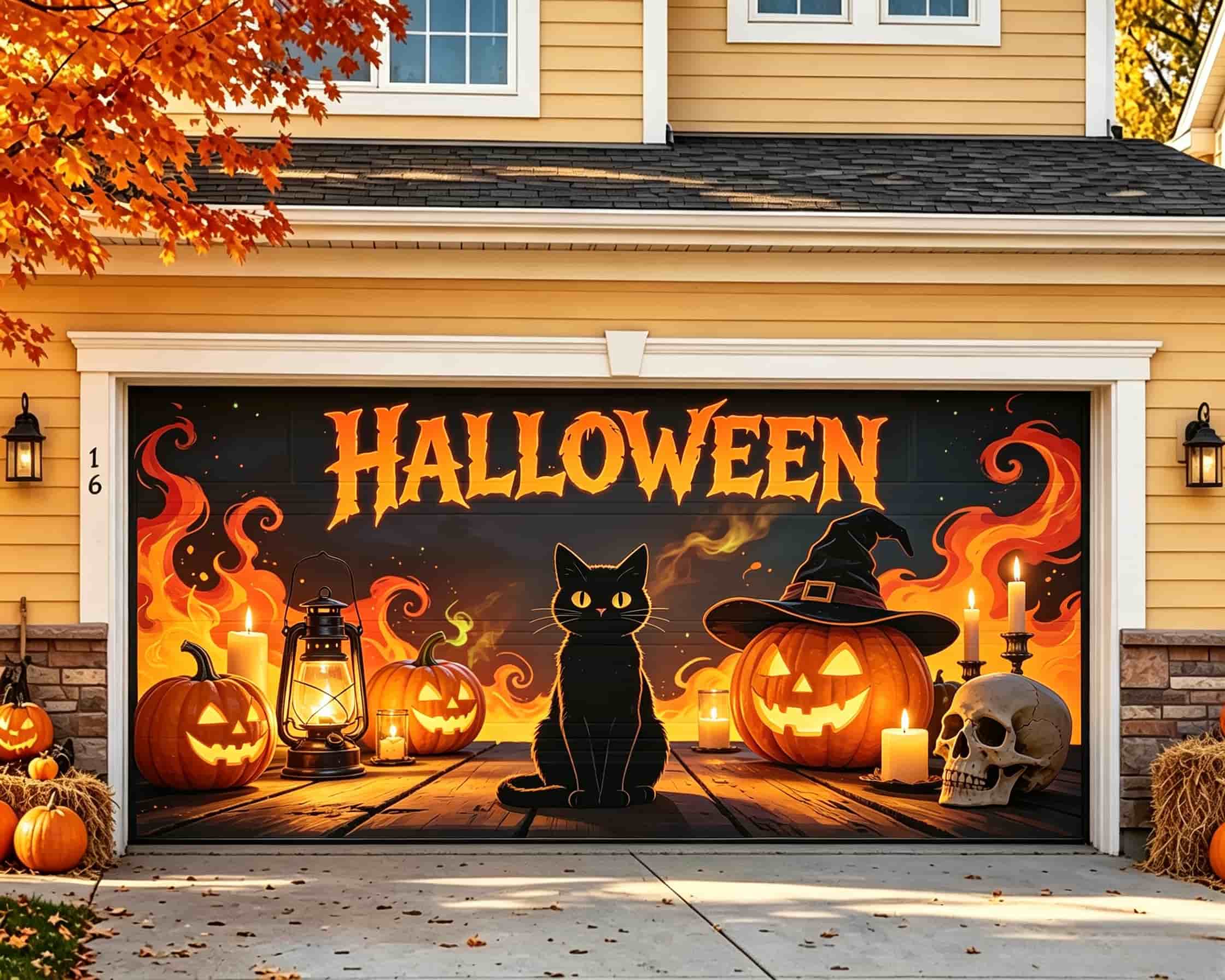 Black Cat Halloween Garage Door Cover Jack O Lanterns Flames Halloween Yard Garage Door Decor CSH68-14-2 car