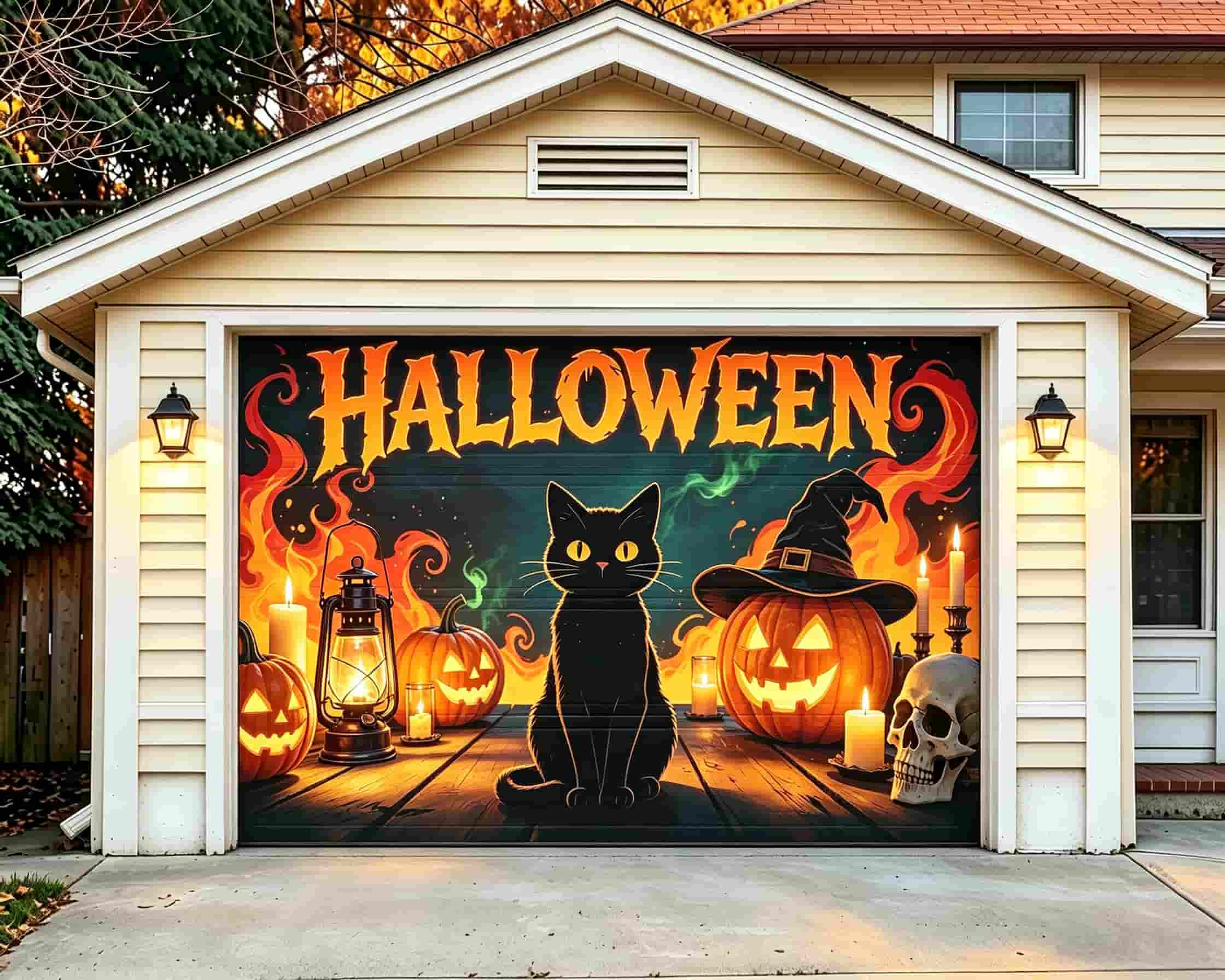 Black Cat Halloween Garage Door Cover Jack O Lanterns Flames Halloween Yard Garage Door Decor CSH68-14-1 car
