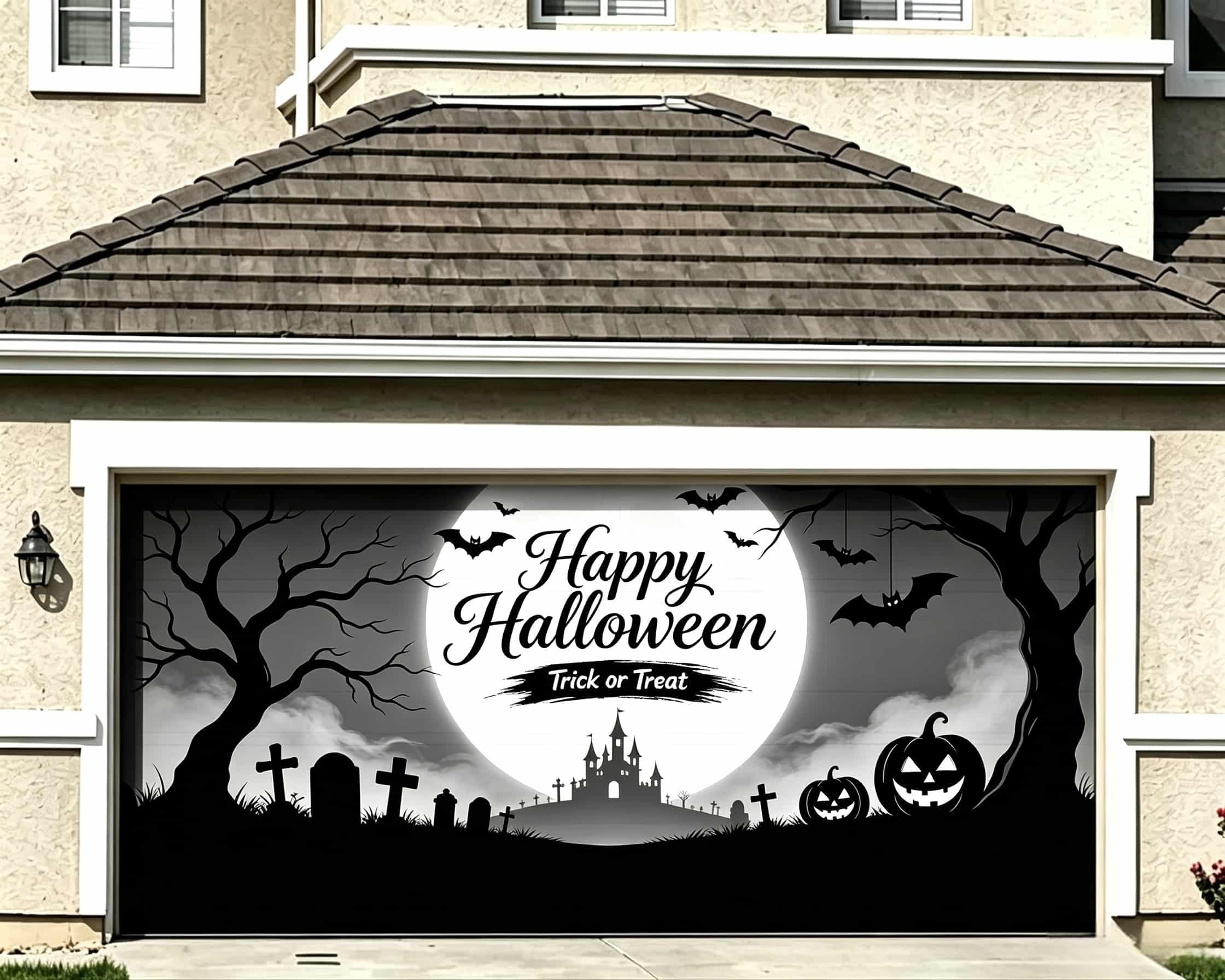 Bat Halloween Garage Door Cover Monochrome Moon Graveyard Silhouette Halloween Porch Garage Door Decor CSH68-16-2 car