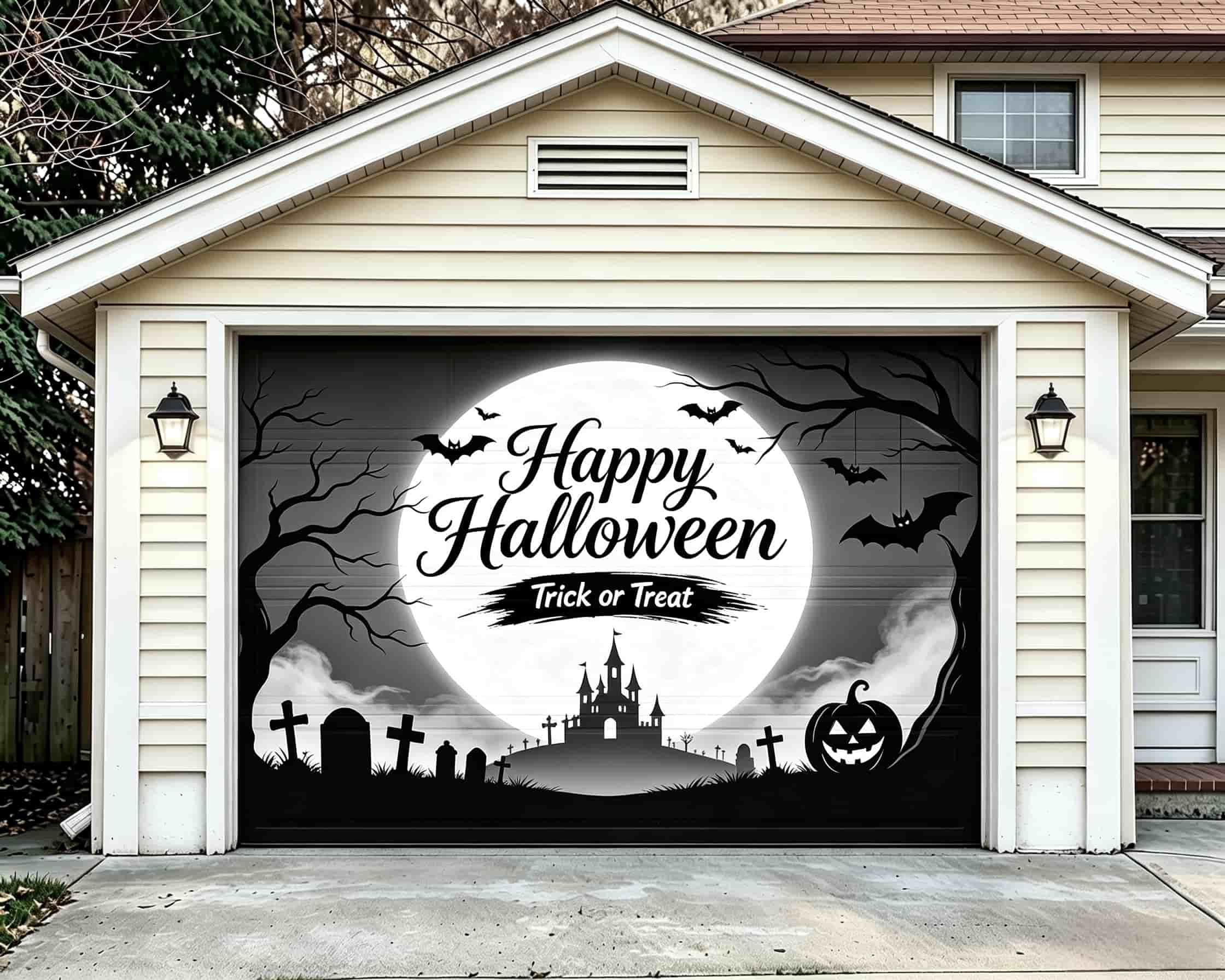 Bat Halloween Garage Door Cover Monochrome Moon Graveyard Silhouette Halloween Porch Garage Door Decor CSH68-16-1 car