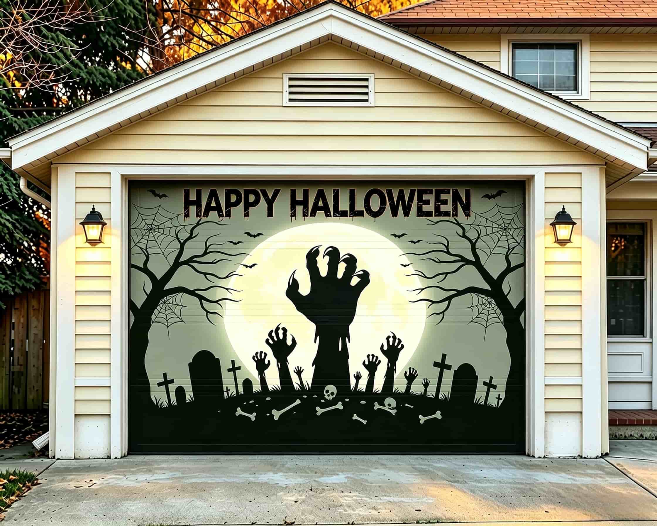 Zombie Halloween Garage Door Decor Moonlit Graveyard Gothic Hands Halloween Garage Door Cover CSH68-17-1 car