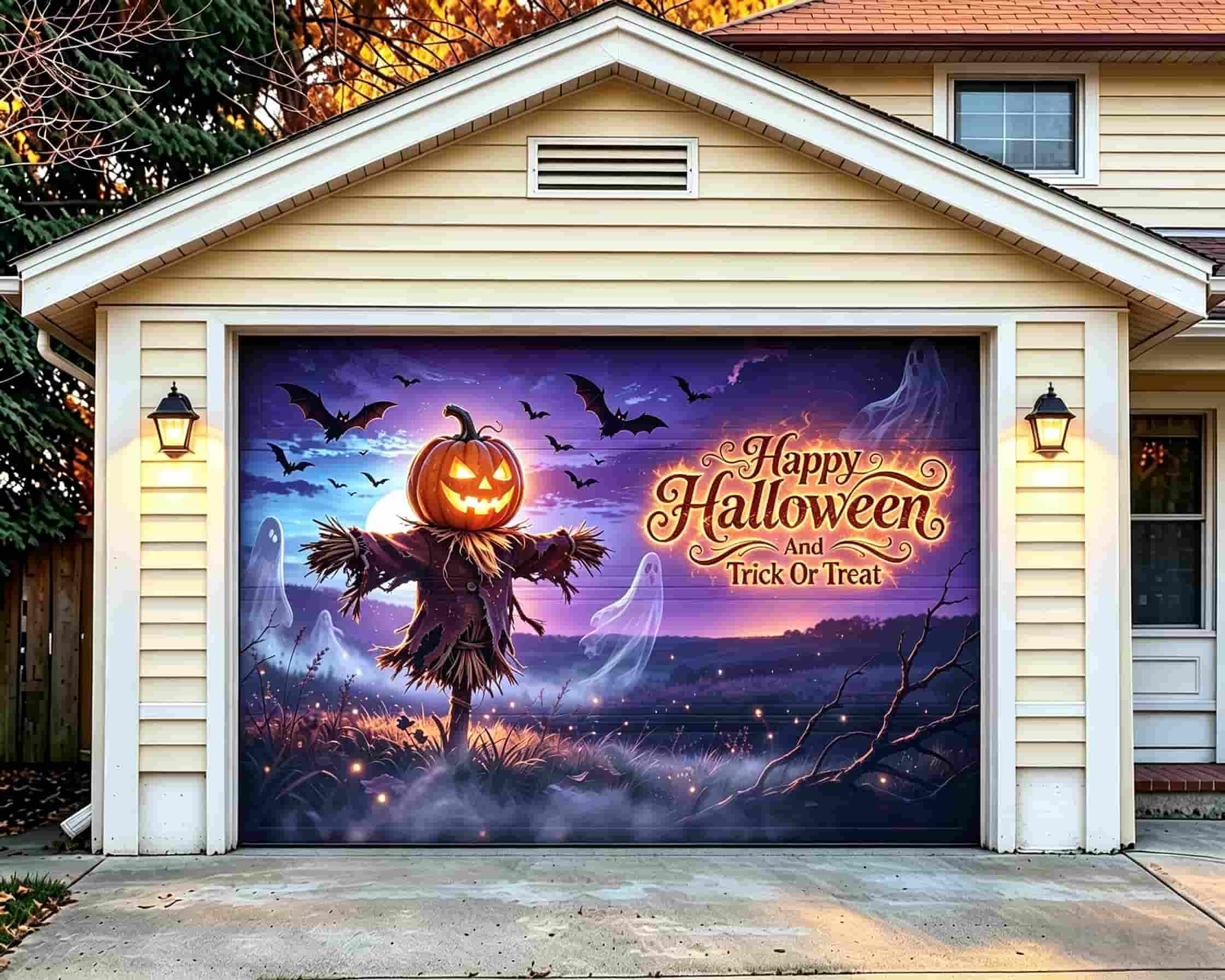 Scarecrow Halloween Garage Door Cover Pumpkin Scarecrow Ghost Halloween Garage Door Cover CSH68-19-1 car