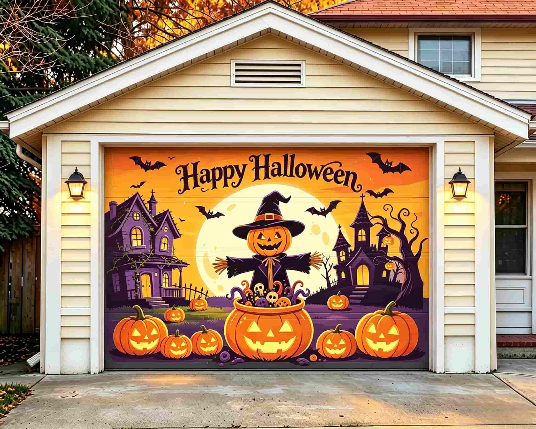 Funny Halloween Garage Door Cover Pumpkin Scarecrow Haunted Houses Halloween Garage Door Decorations CSH68-2-1 car