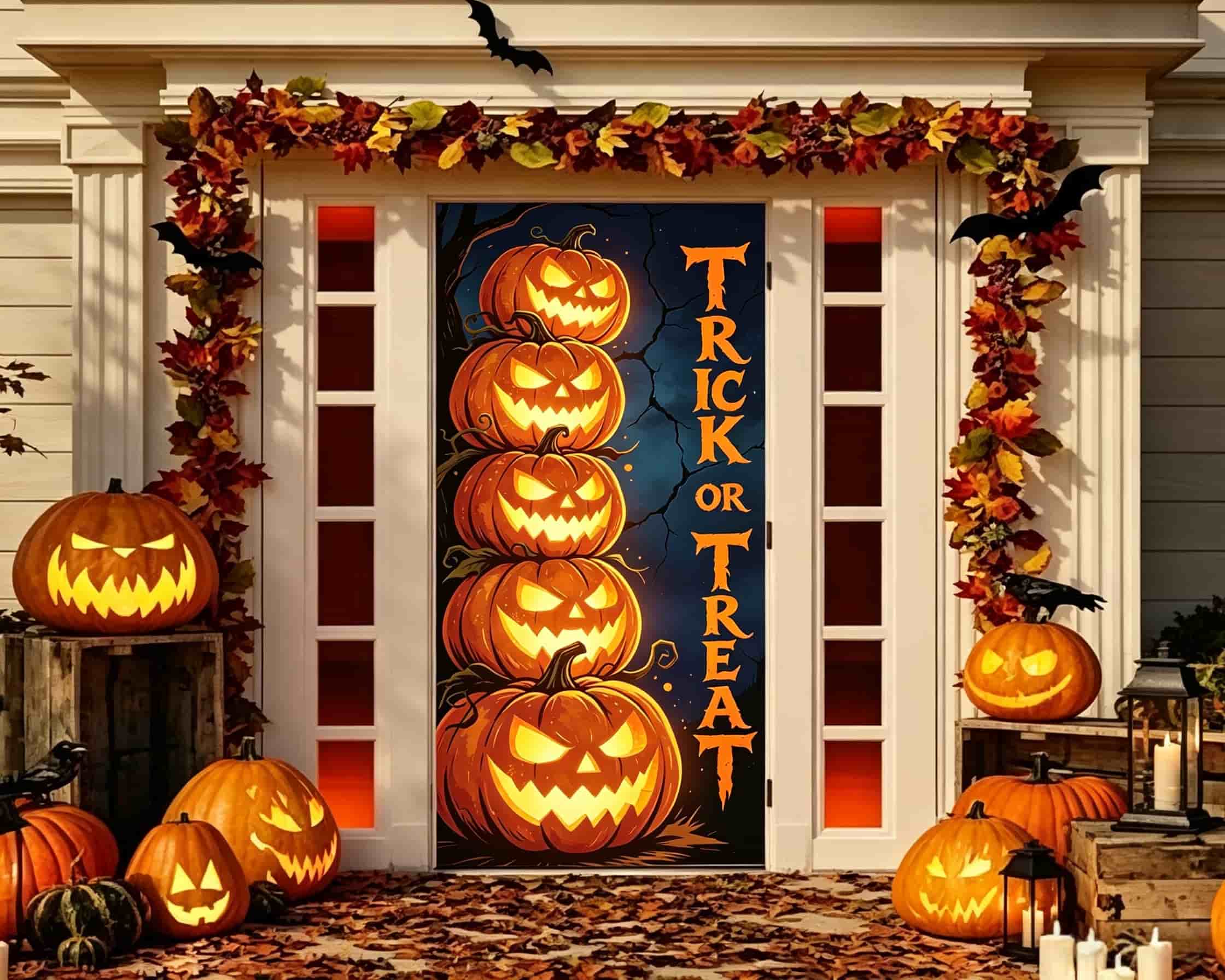 Pumpkin Monster Door Stacked Glowing Lanterns Halloween Front Door Curtain CSH68-24