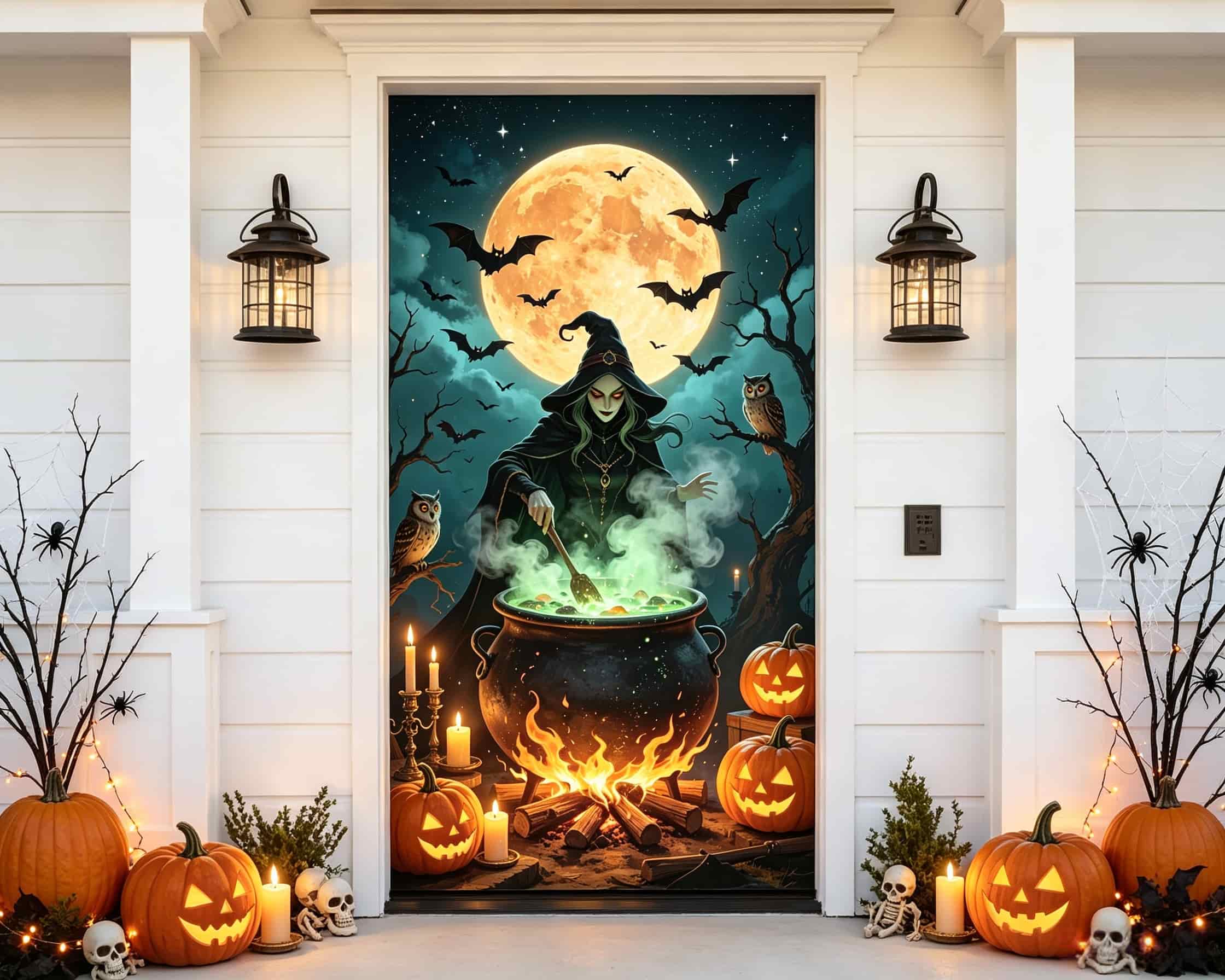 Witch Cauldron Door Full Moon Glowing Pumpkins Halloween Bedroom Door Mural CSH68-27