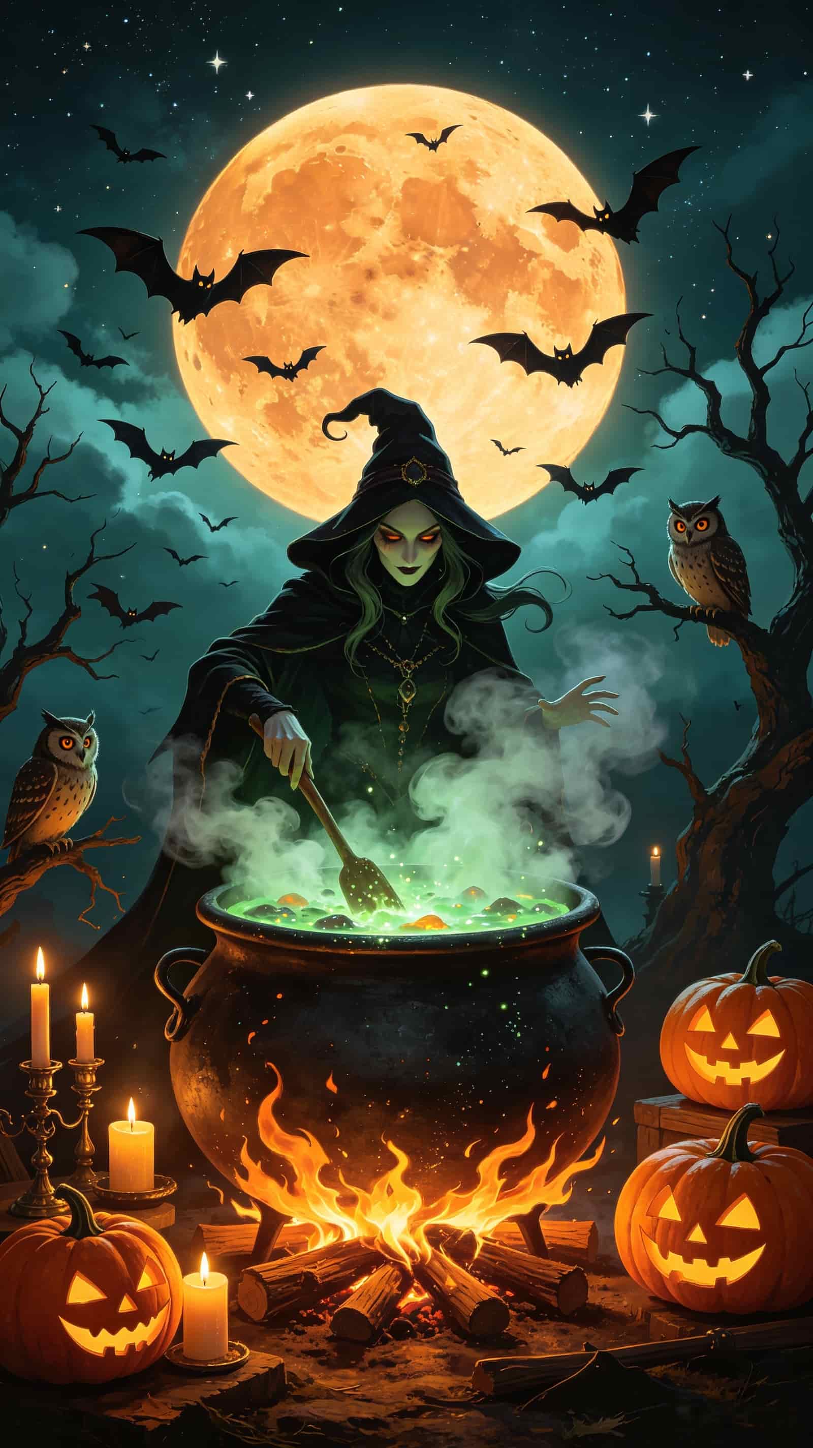 Witch Cauldron Door Full Moon Glowing Pumpkins Halloween Bedroom Door Mural CSH68-27