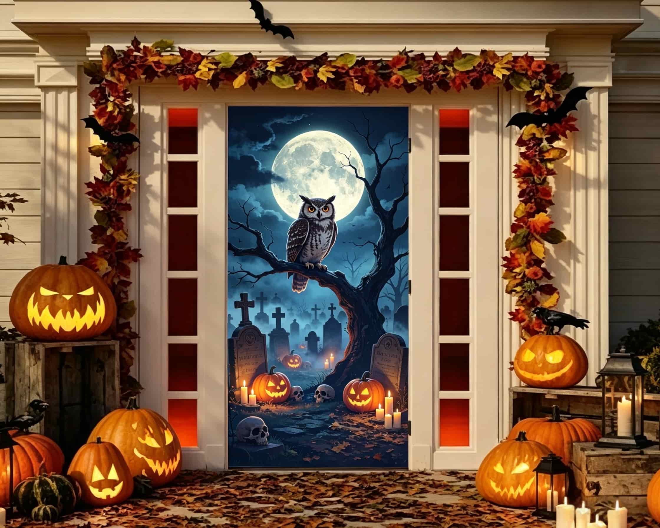 Owl Graveyard Door Owl Tombstone Full Moon Indoor Halloween Door Banner CSH68-31