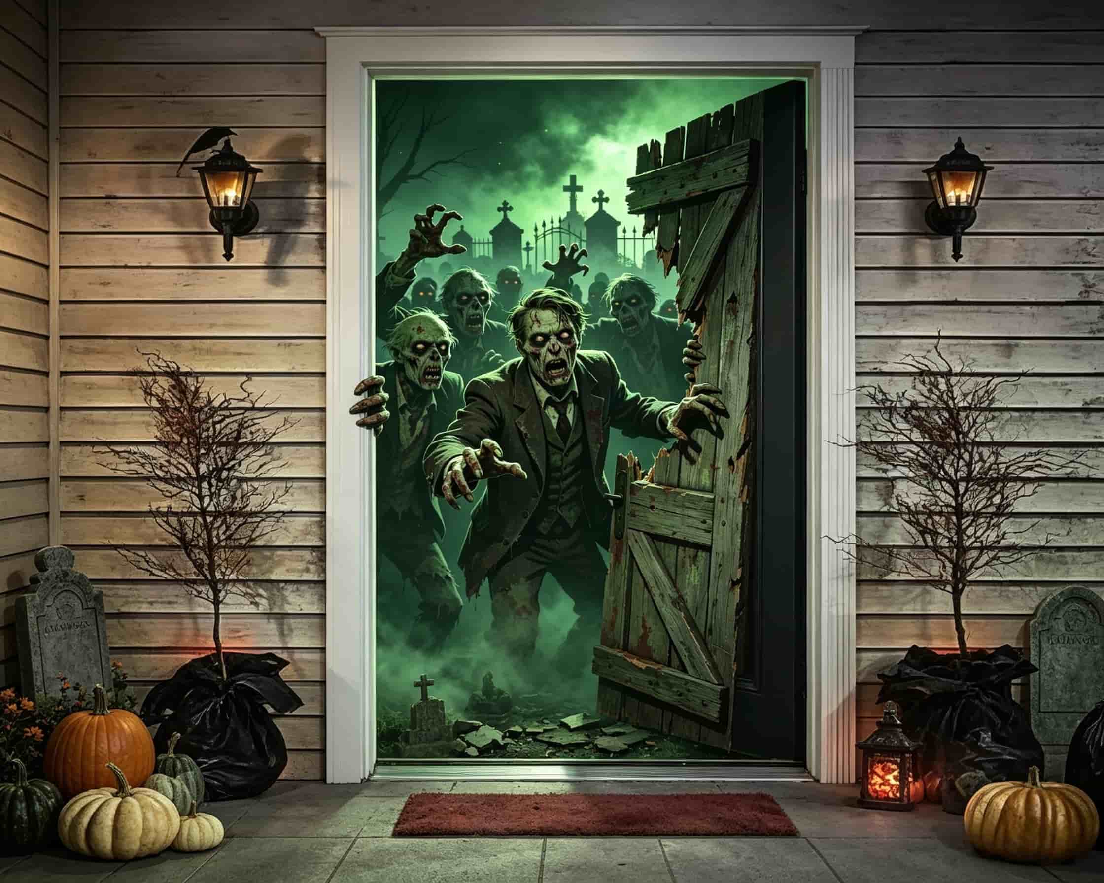 Zombie Graveyard Door Cemetery Broken Gate Scary Halloween Door Cover CSH68-35