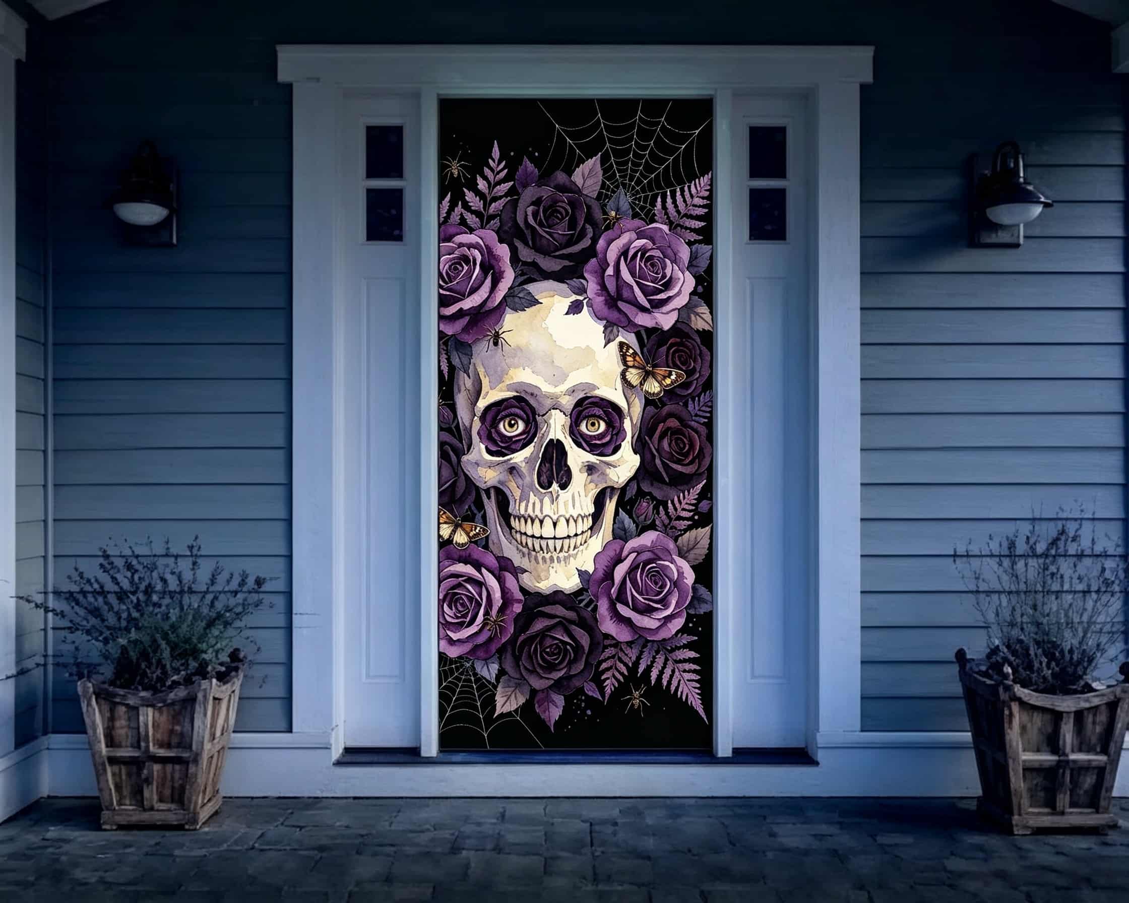Gothic Rose Skull Door Purple Floral Skull Halloween Party Door Banner CSH68-38