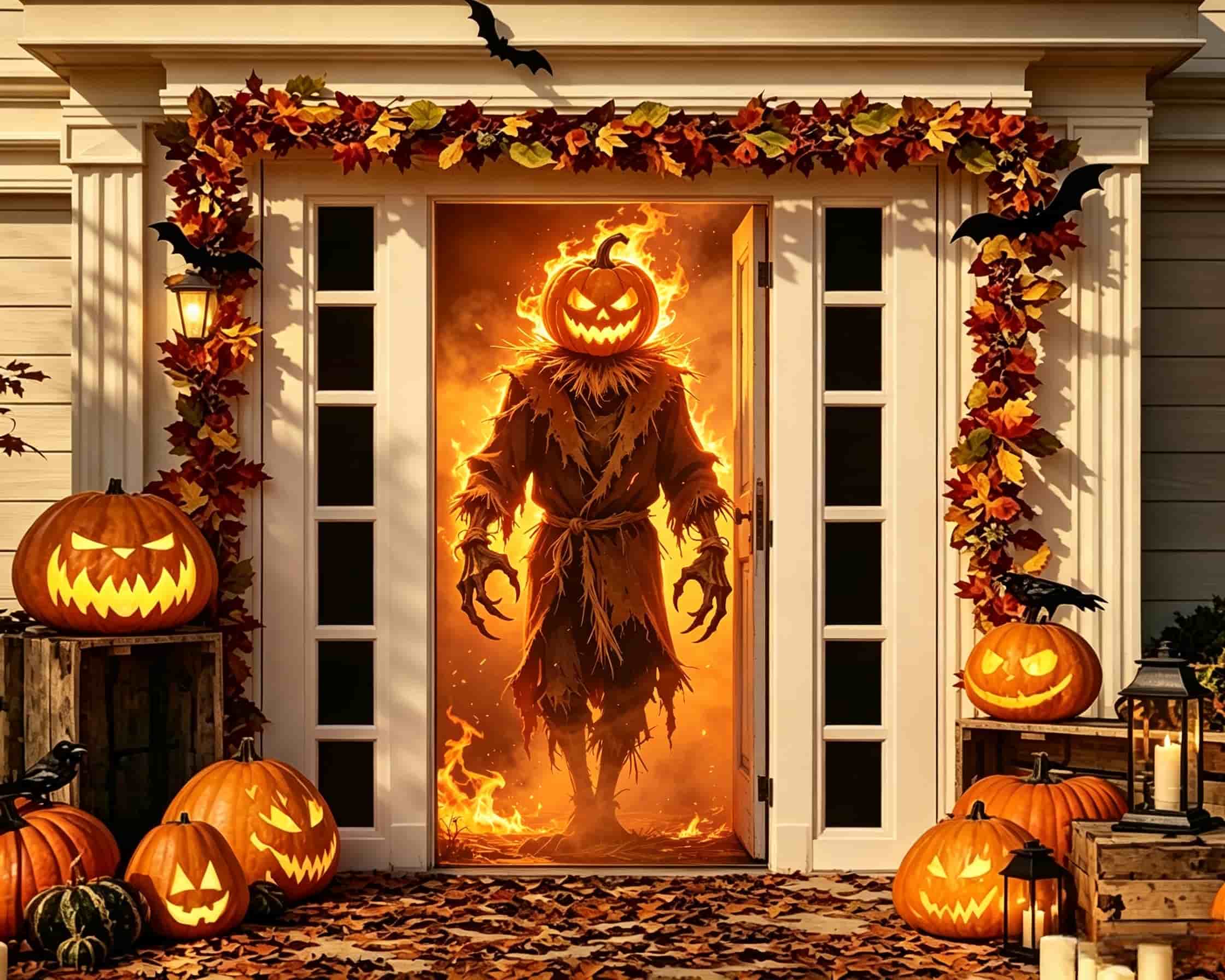 Pumpkin Scarecrow Door Flaming Wood Door Halloween Home Door Decor CSH68-39