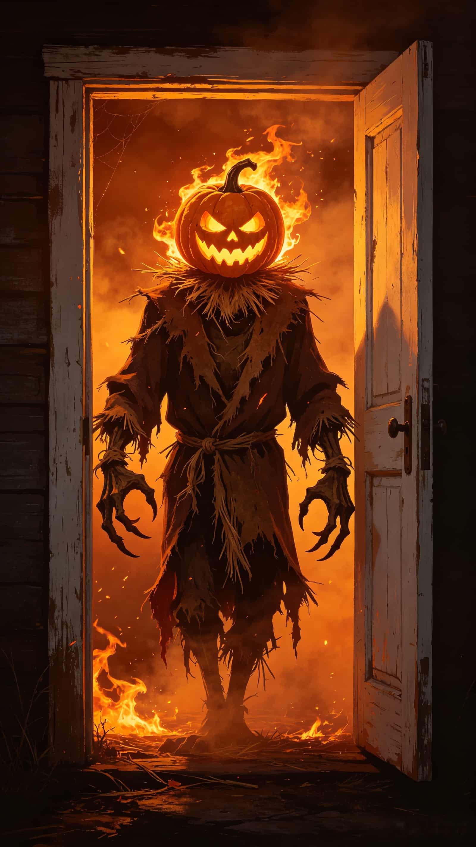 Pumpkin Scarecrow Door Flaming Wood Door Halloween Home Door Decor CSH68-39