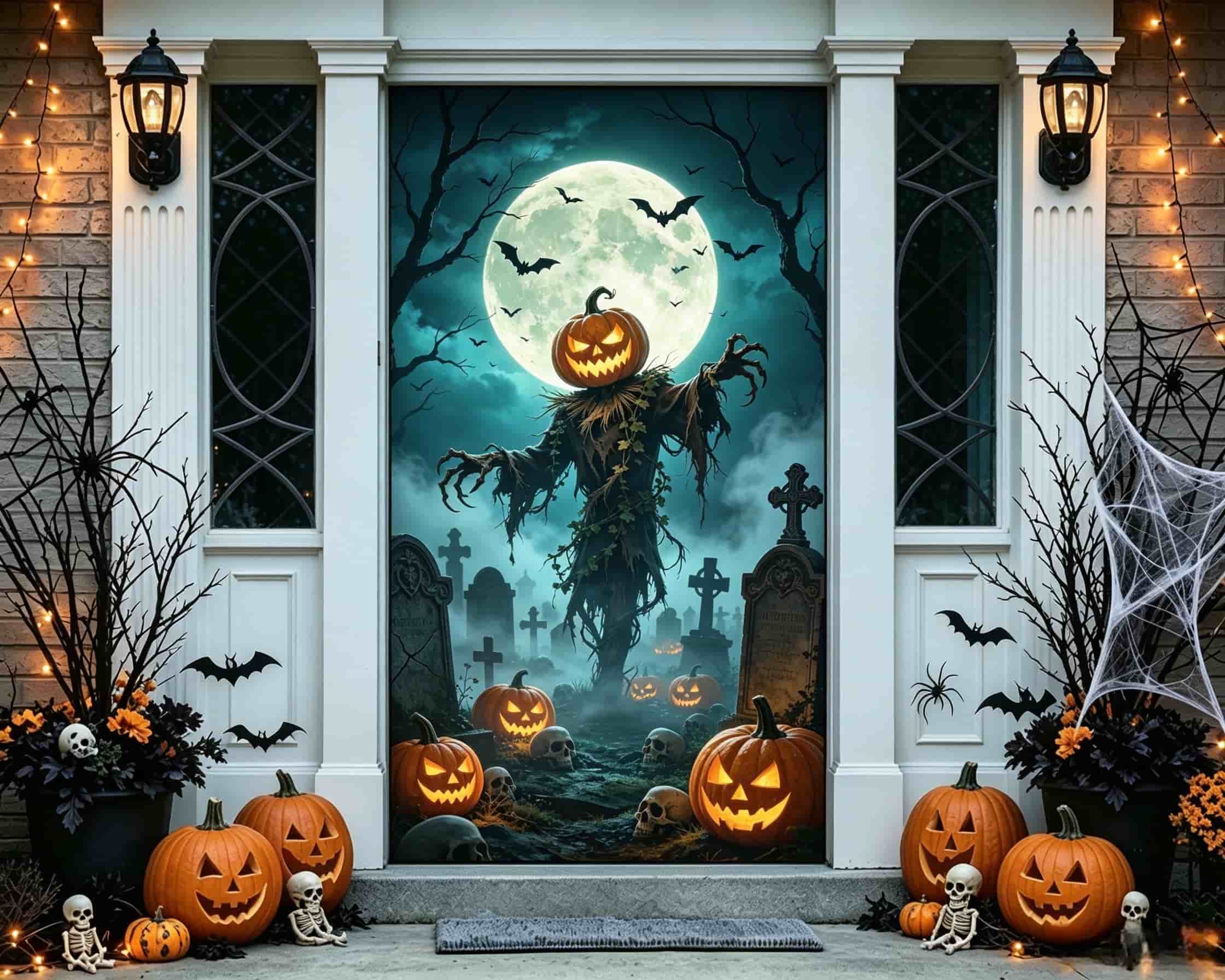 Pumpkin Monster Door Moonlit Graveyard Scarecrow Halloween Front Door Curtain CSH68-54