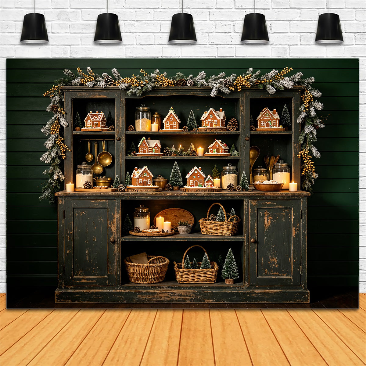Christmas Kitchen Backdrop Gingerbread Shelf Village Christmas Photography Backdrop CSH68-57