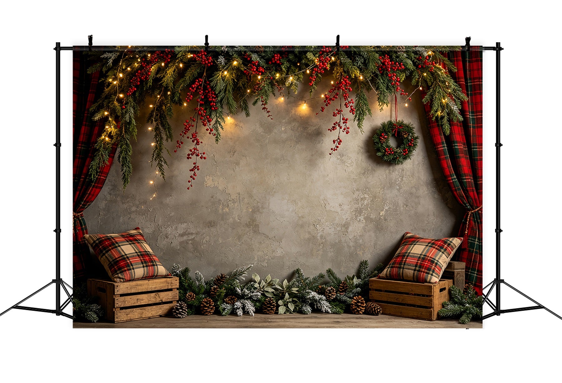 Christmas Wall Backdrop Rustic Plaid Garland Wall Photo Backdrop Christmas CSH68-60
