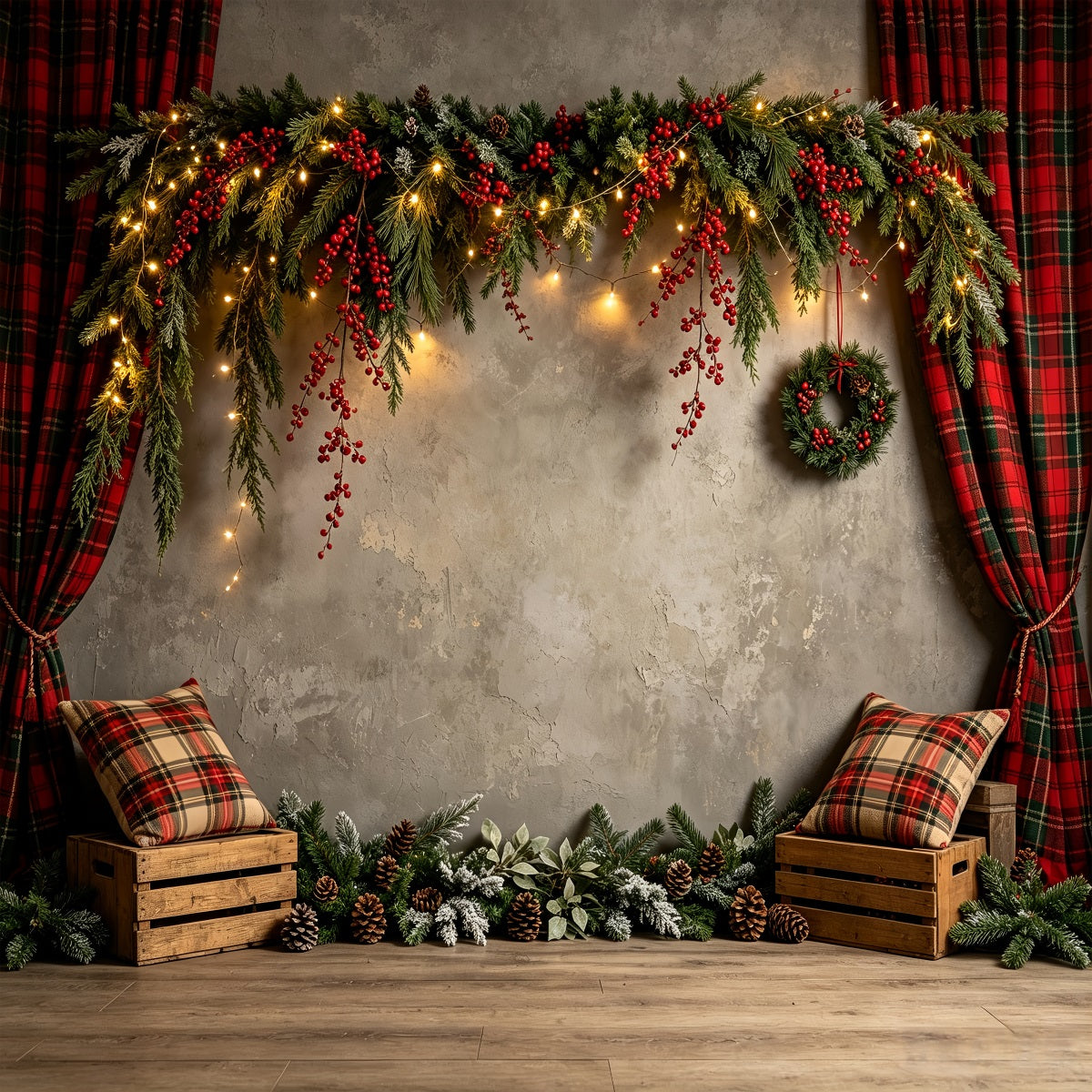 Christmas Wall Backdrop Rustic Plaid Garland Wall Photo Backdrop Christmas CSH68-60