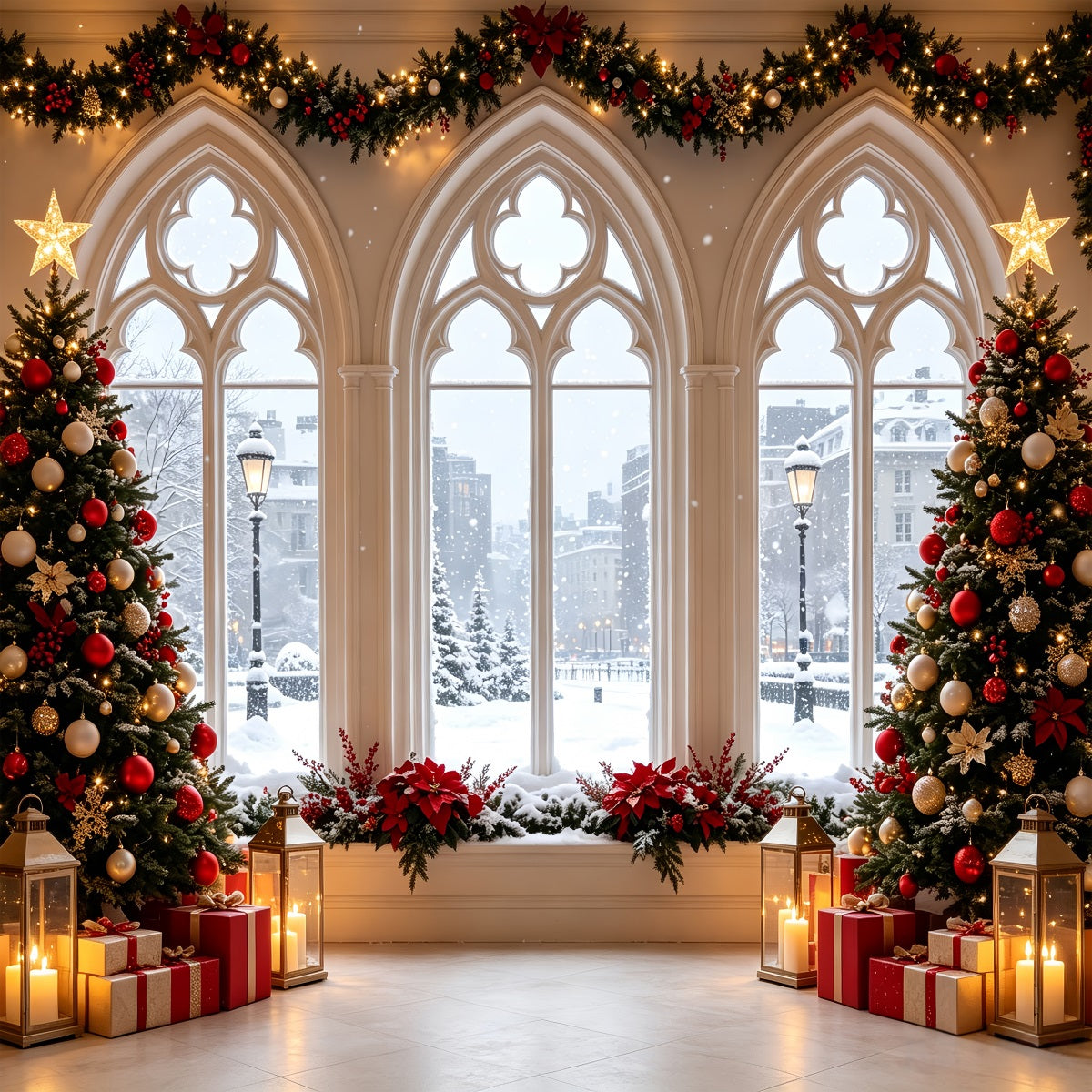 Christmas Window Backdrop Snowy Gothic Window Trees Large Christmas Backdrops CSH68-61