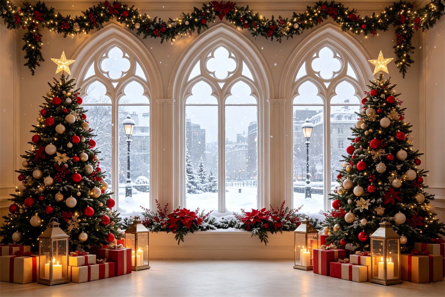 Christmas Window Backdrop Snowy Gothic Window Trees Large Christmas Backdrops CSH68-61