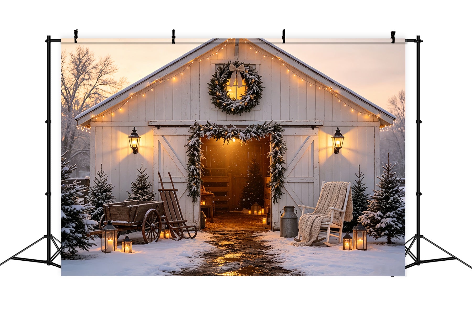 Christmas Barn Door Backdrop Winter Barn Lantern Glow Christmas Backdrops CSH68-62