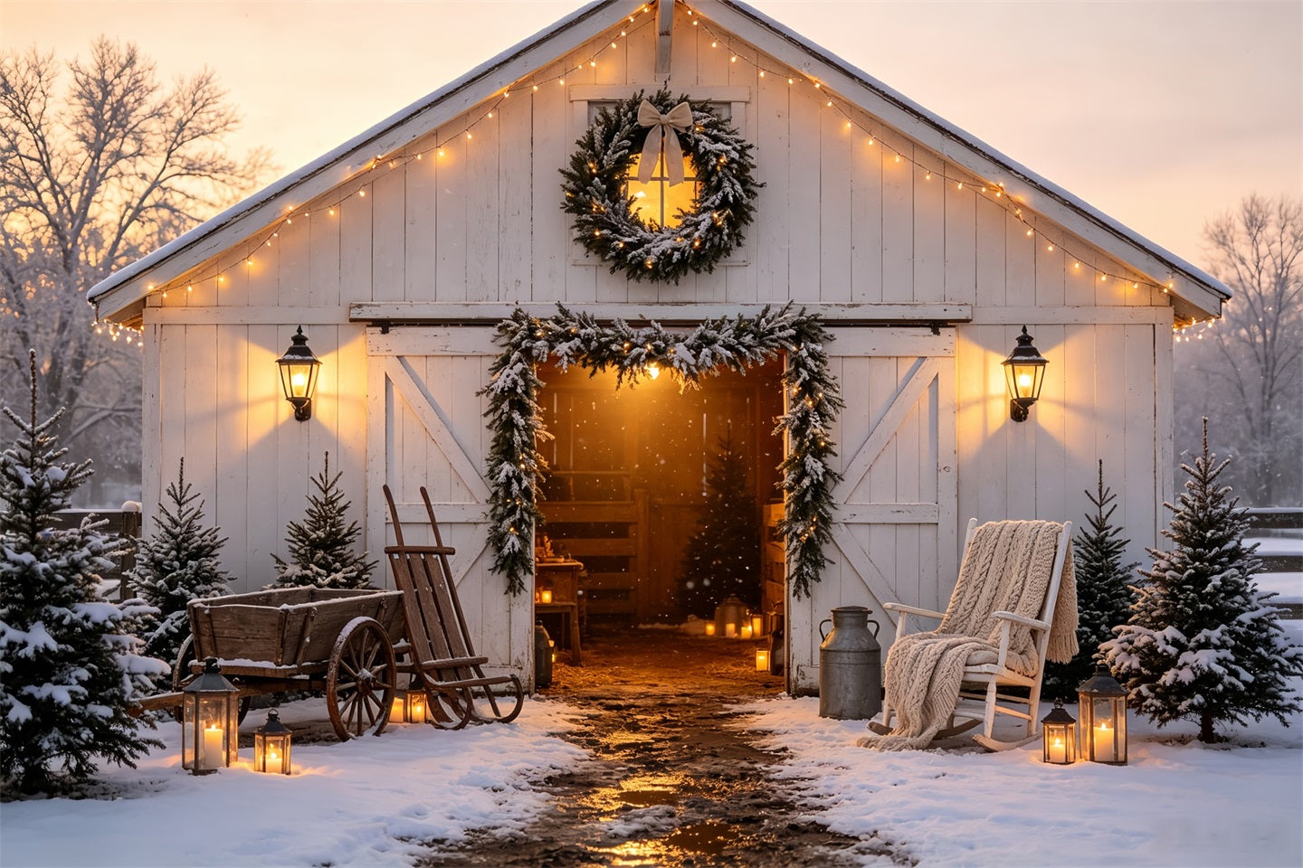 Christmas Barn Door Backdrop Winter Barn Lantern Glow Christmas Backdrops CSH68-62