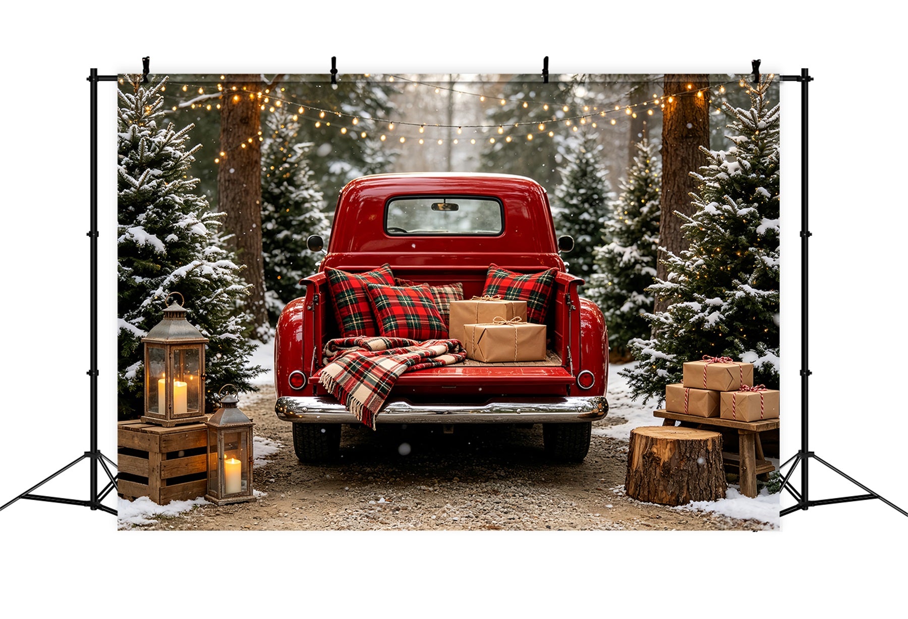 Christmas Truck Backdrop Red Plaid Truck Forest Large Christmas Backdrop CSH68-64