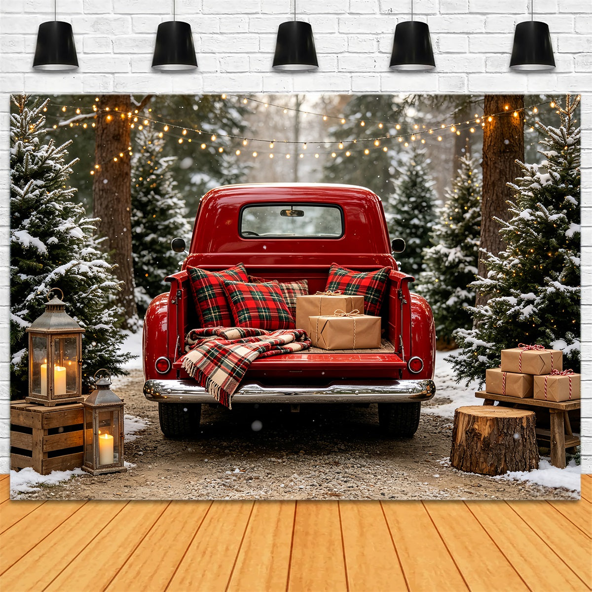 Christmas Truck Backdrop Red Plaid Truck Forest Large Christmas Backdrop CSH68-64