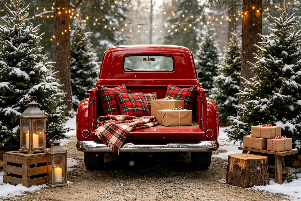 Christmas Truck Backdrop Red Plaid Truck Forest Large Christmas Backdrop CSH68-64