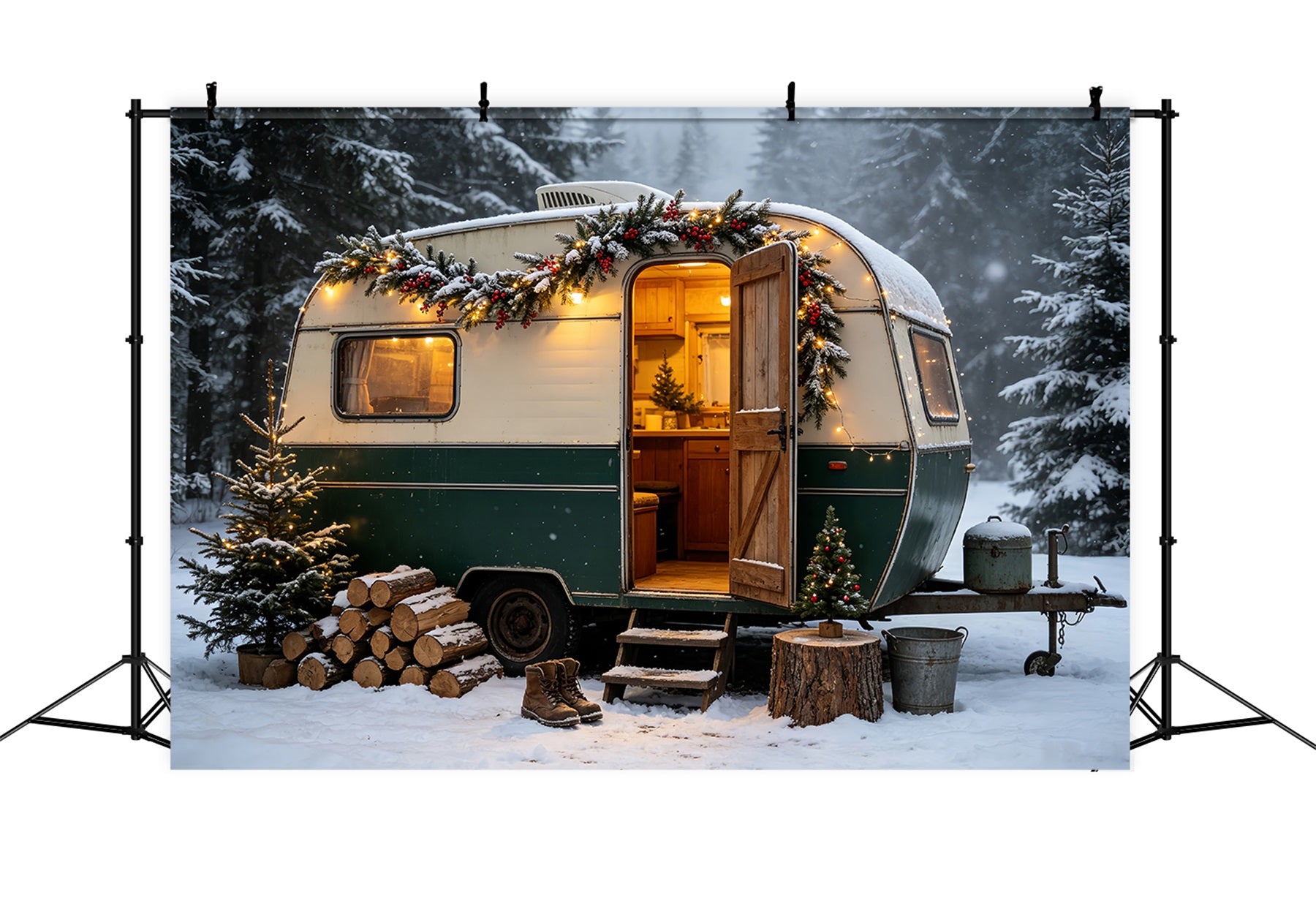 Christmas Camper Photography Backdrop Vintage Camper Woodland Backdrops Christmas CSH68-65