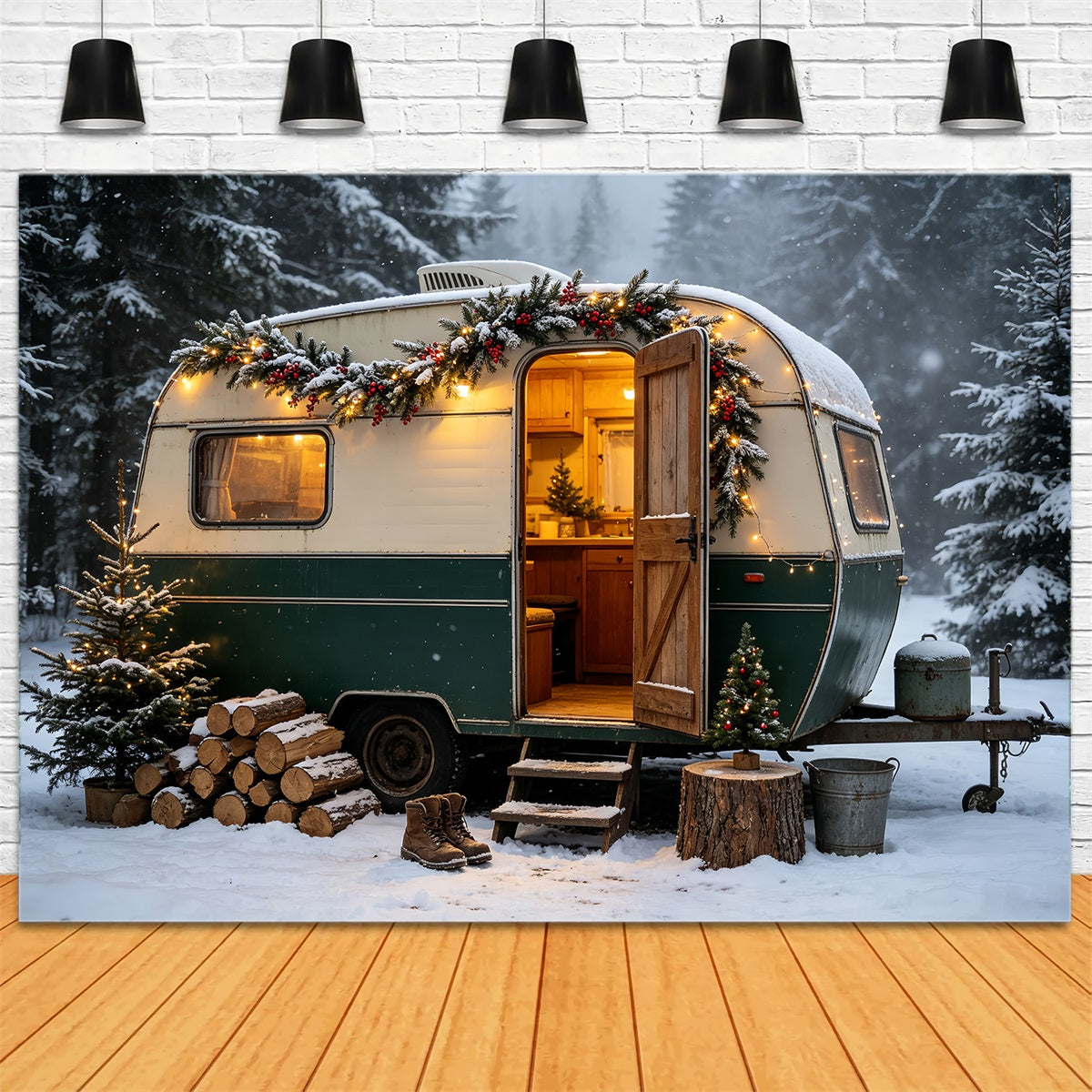 Christmas Camper Photography Backdrop Vintage Camper Woodland Backdrops Christmas CSH68-65