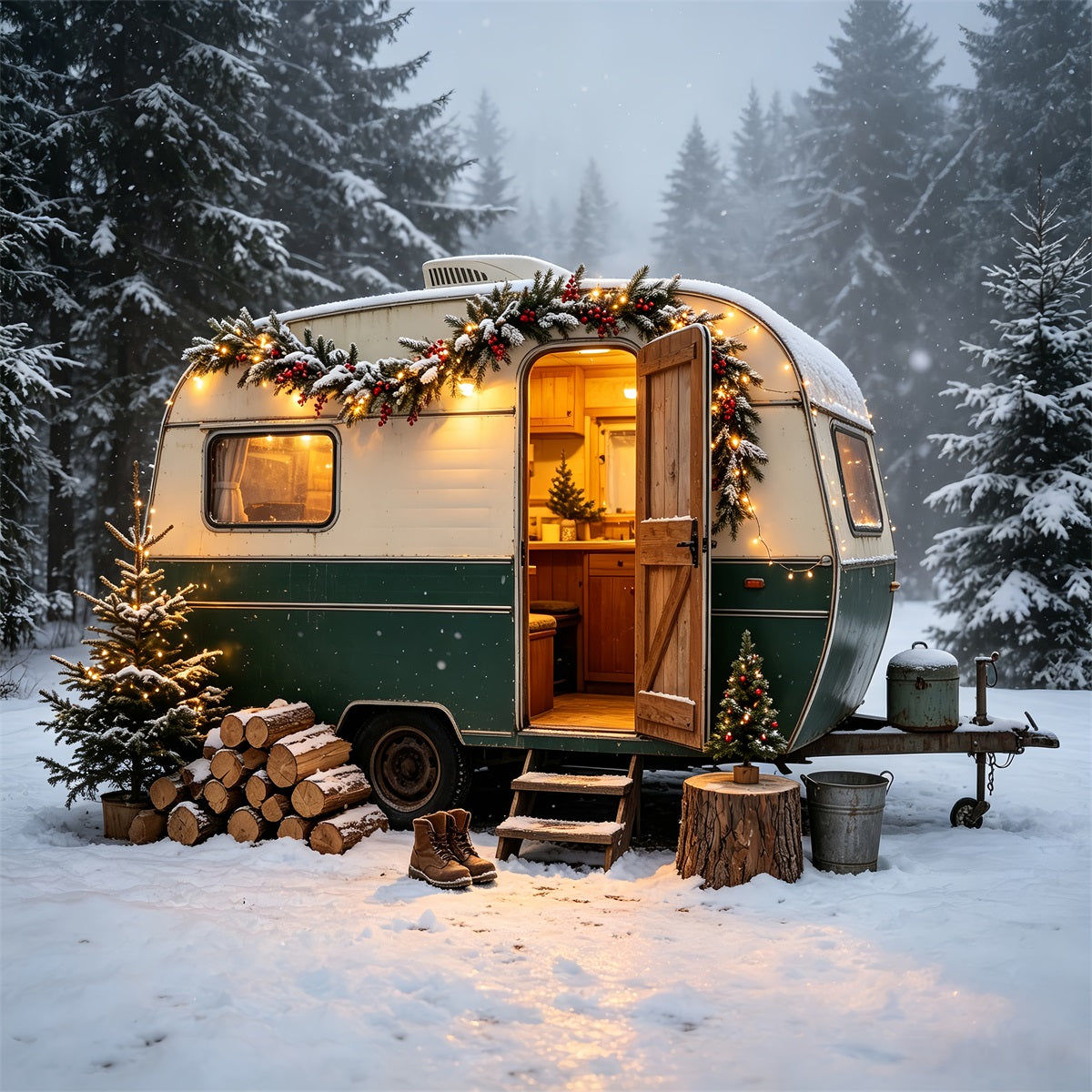 Christmas Camper Photography Backdrop Vintage Camper Woodland Backdrops Christmas CSH68-65