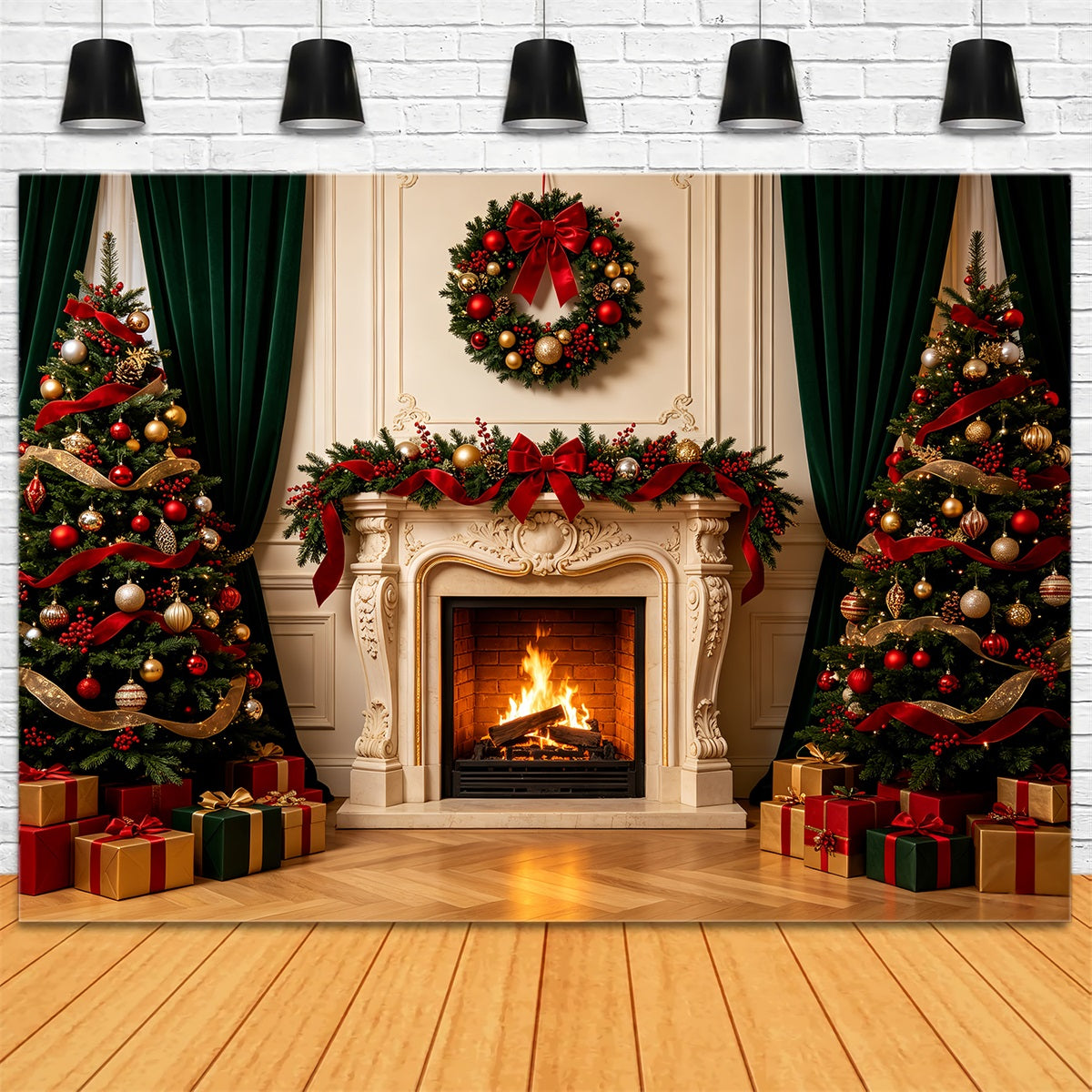 Christmas Fireplace Backdrop Elegant Wall Mantel Photography Backdrops Christmas CSH68-67