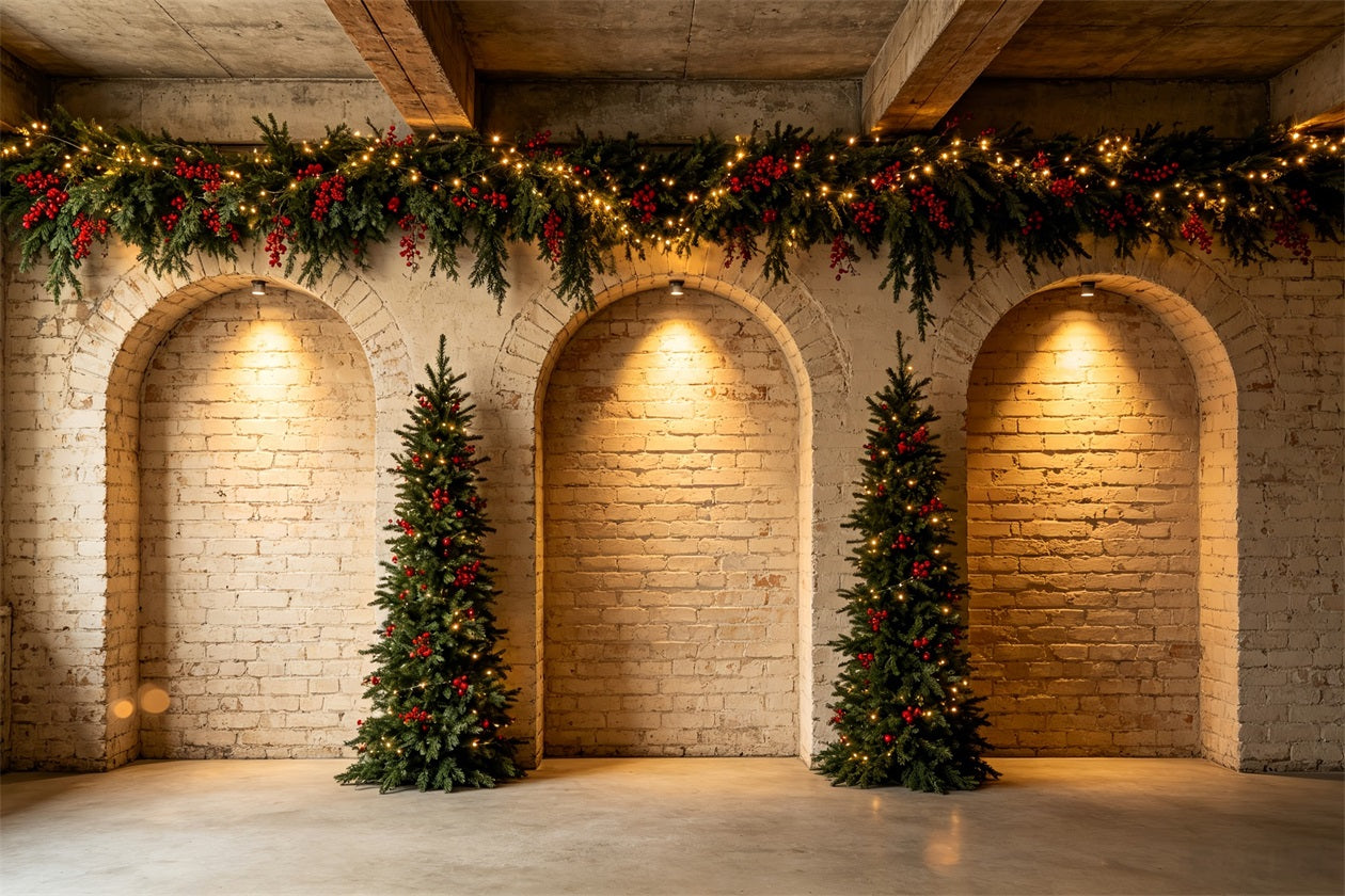 Christmas Wall Backdrop Brick Arch Garland Trees Photo Backdrops Christmas CSH68-68