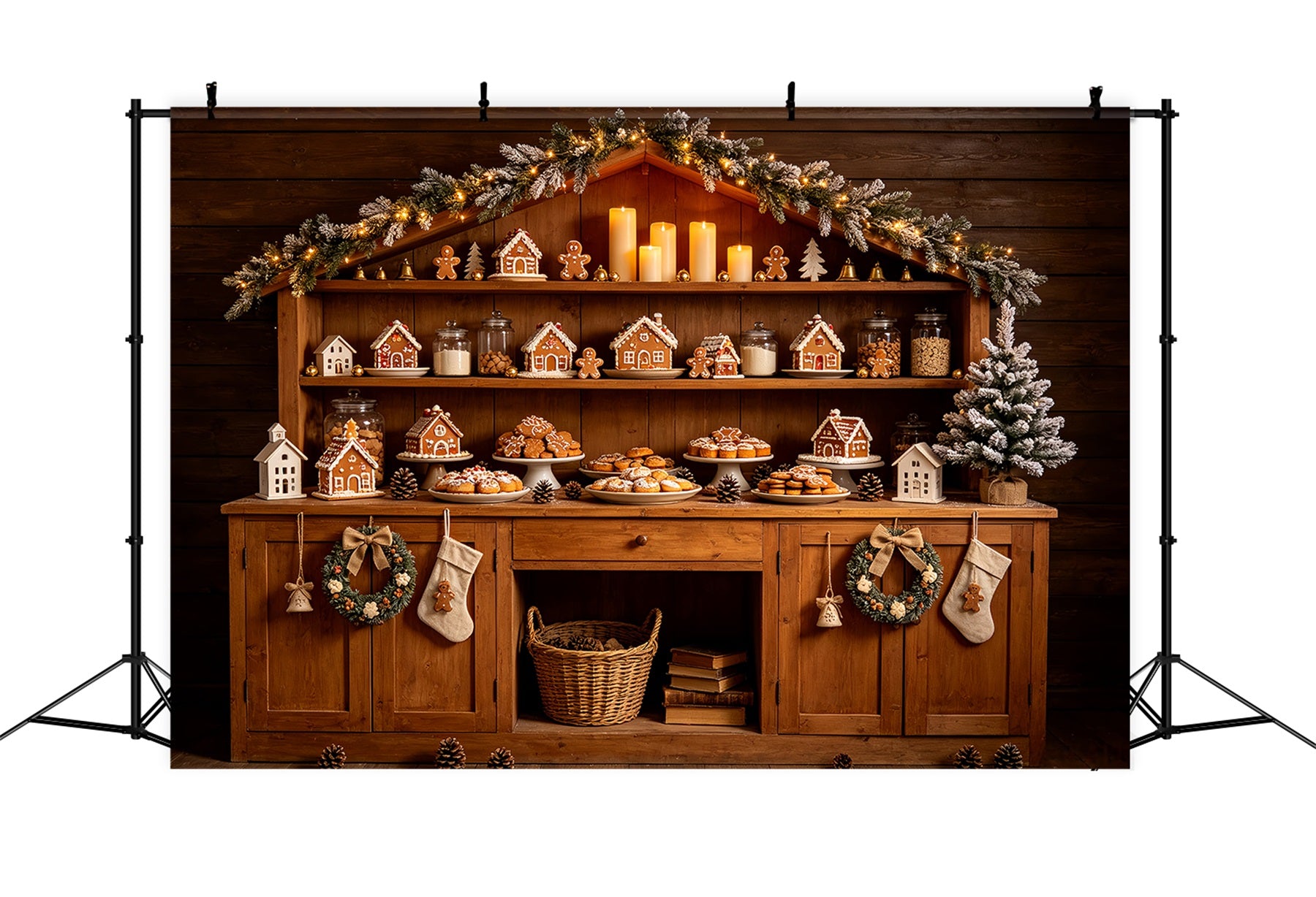 Christmas Bakery Backdrop Gingerbread Cabin Shelf Christmas Photo Backdrops CSH68-69
