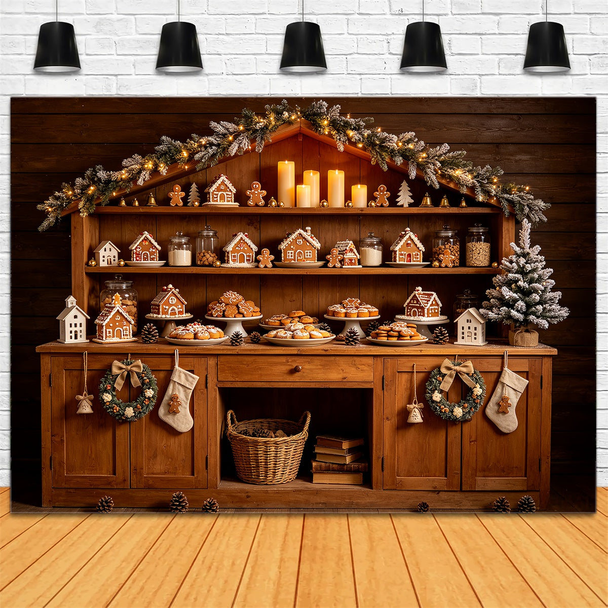 Christmas Bakery Backdrop Gingerbread Cabin Shelf Christmas Photo Backdrops CSH68-69