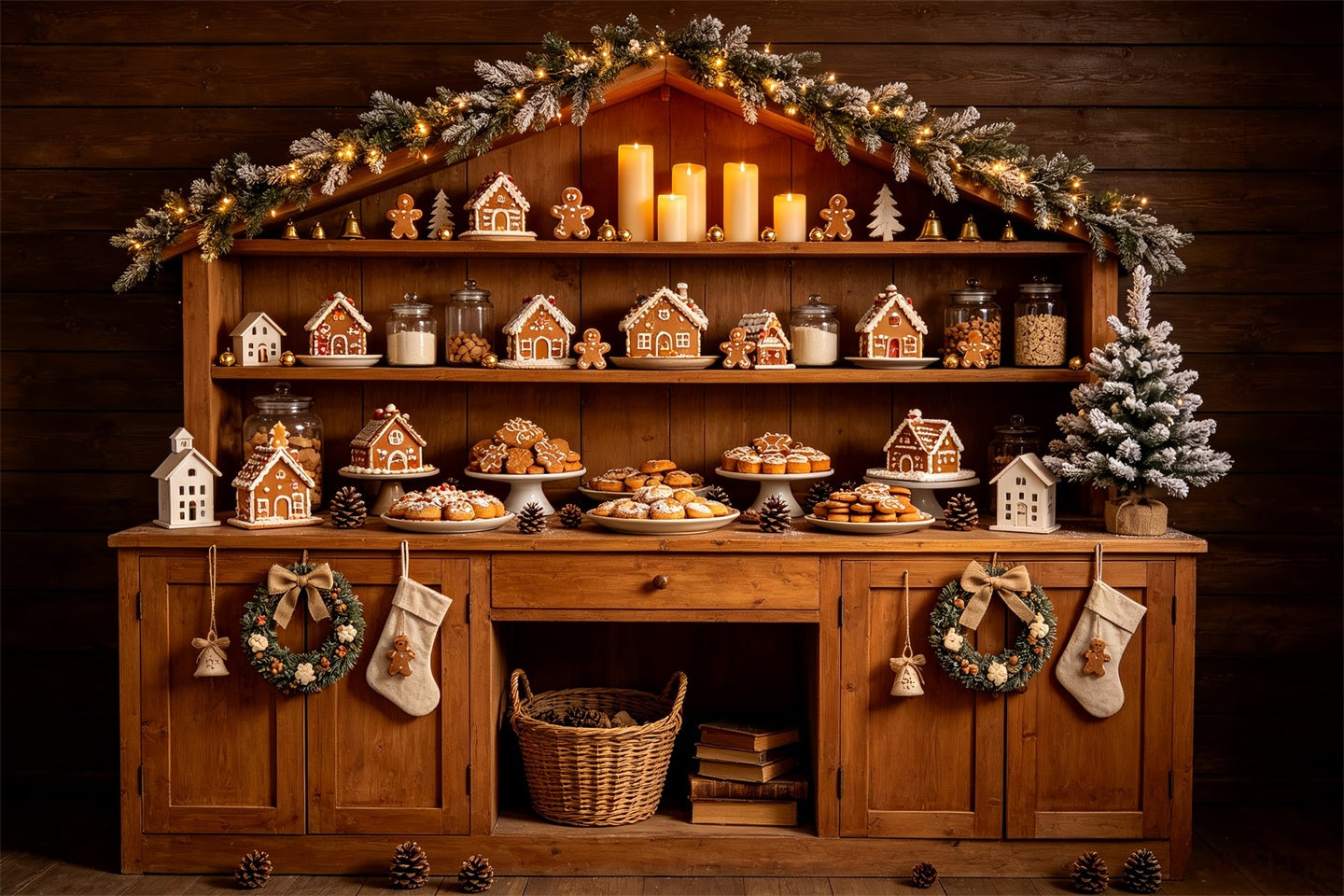 Christmas Bakery Backdrop Gingerbread Cabin Shelf Christmas Photo Backdrops CSH68-69