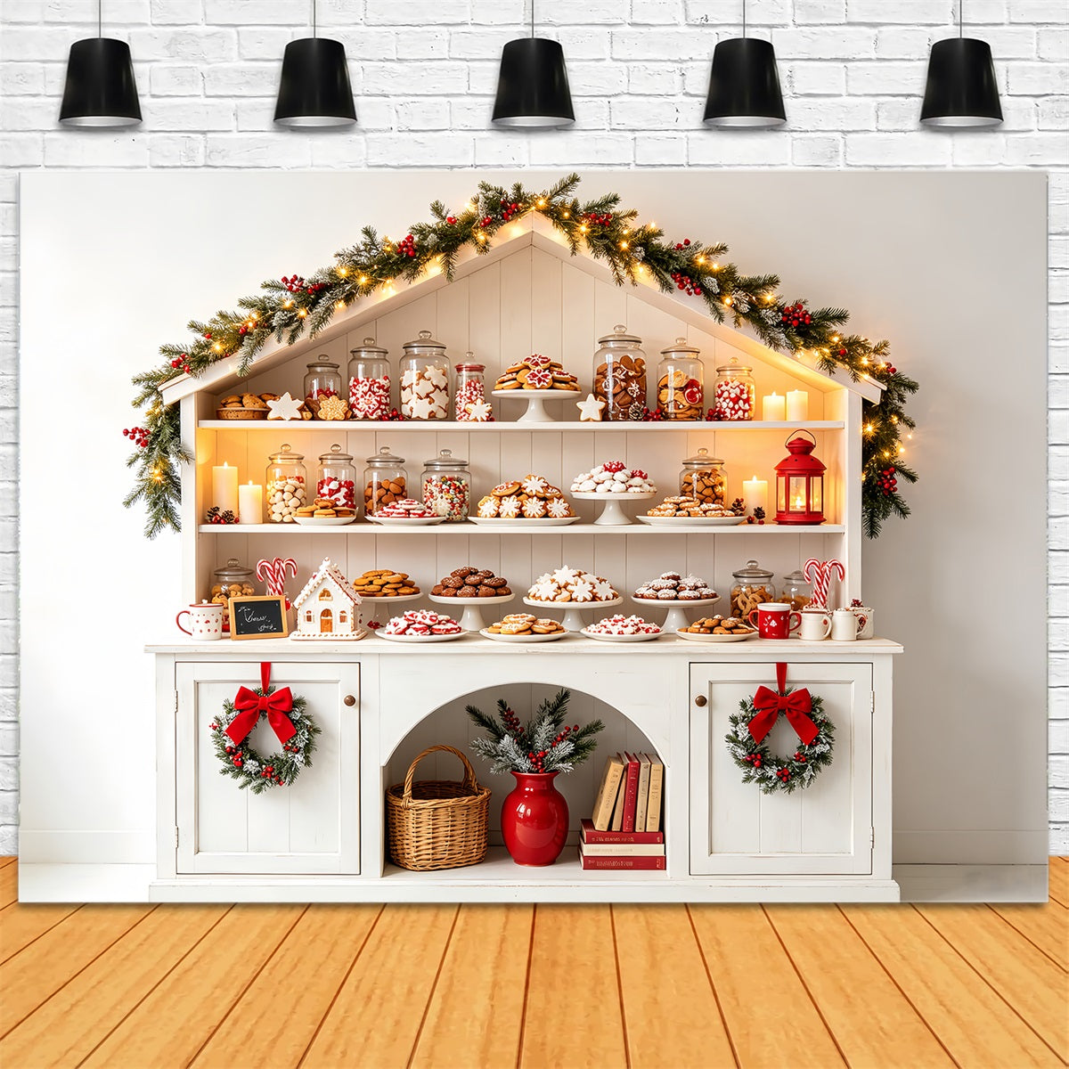 Christmas Bakery Backdrop White Candy Cottage Shelf Christmas Studio Backdrop CSH68-70