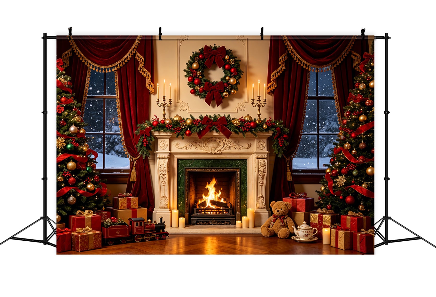 Christmas Fireplace Backdrop Luxury Window Ribbon Decor Photography Backdrop Christmas CSH68-71