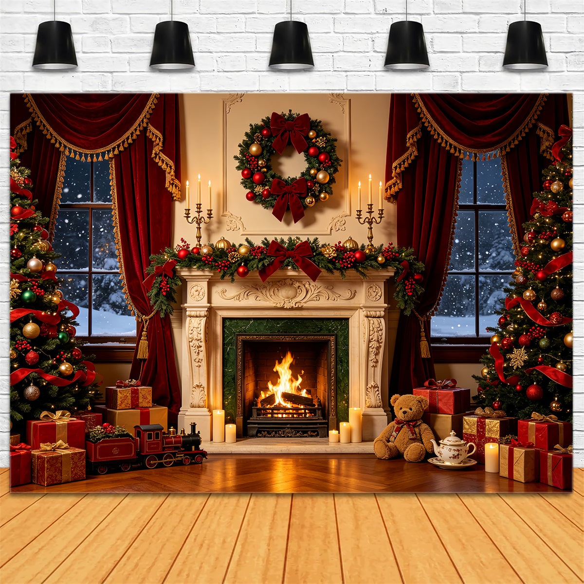 Christmas Fireplace Backdrop Luxury Window Ribbon Decor Photography Backdrop Christmas CSH68-71