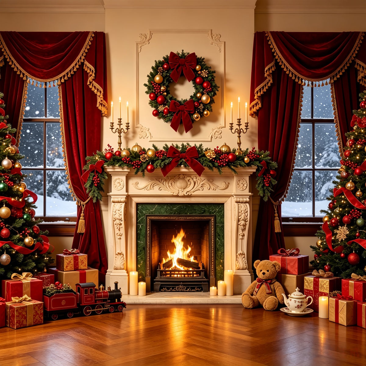 Christmas Fireplace Backdrop Luxury Window Ribbon Decor Photography Backdrop Christmas CSH68-71