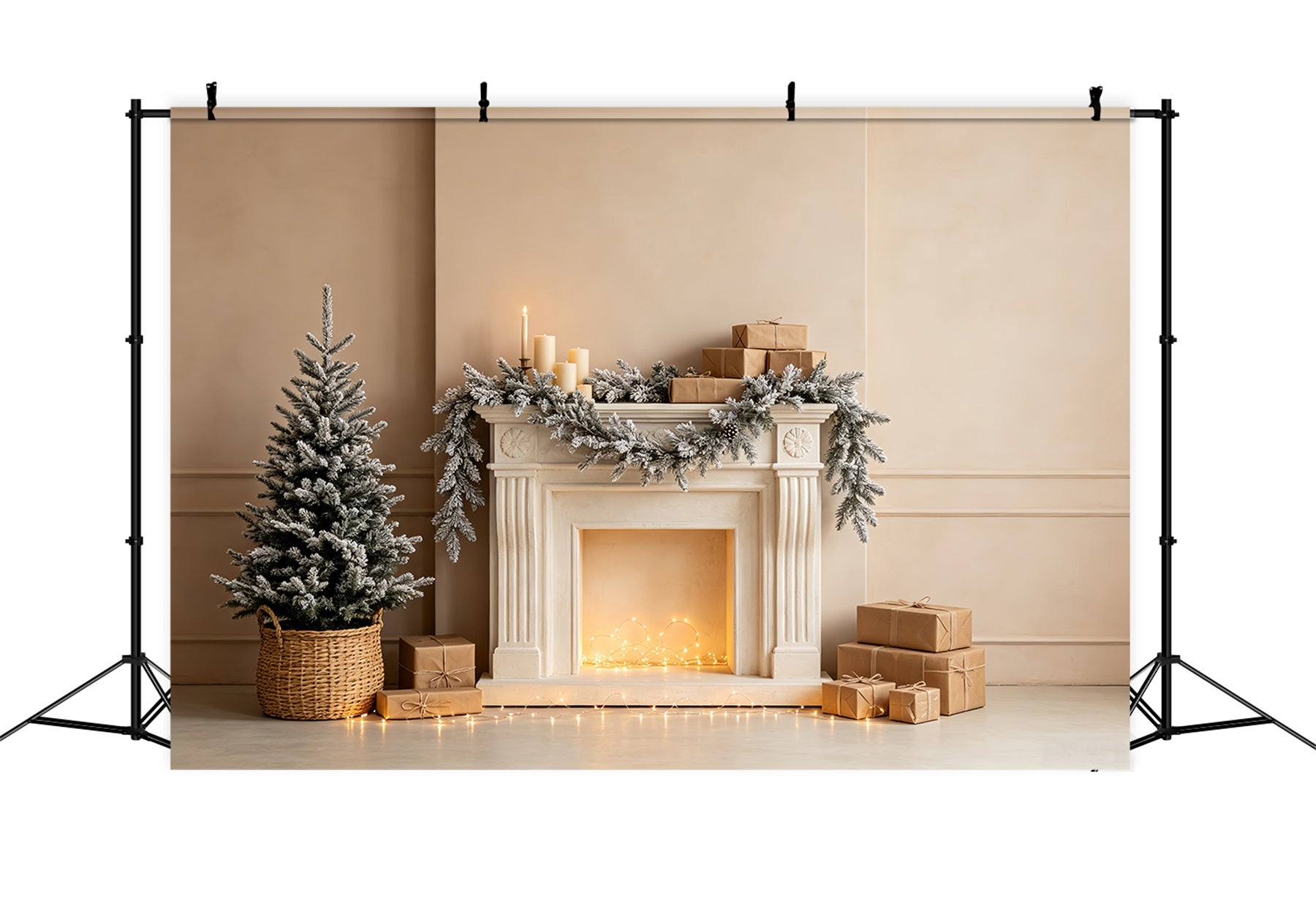 White Christmas Backdrop Snowy Fireplace Garland Indoor Christmas Backdrop CSH68-72