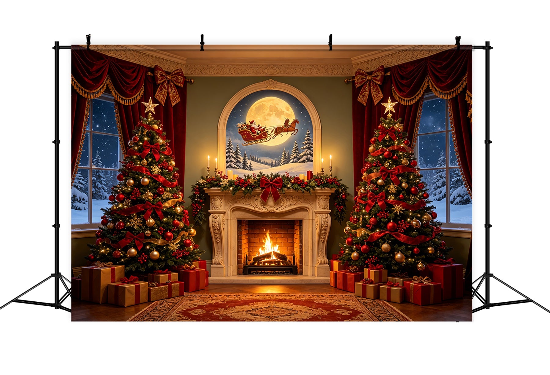 Victorian Christmas Backdrop Moonlit Fireplace Trees Photo Christmas Backdrop CSH68-74