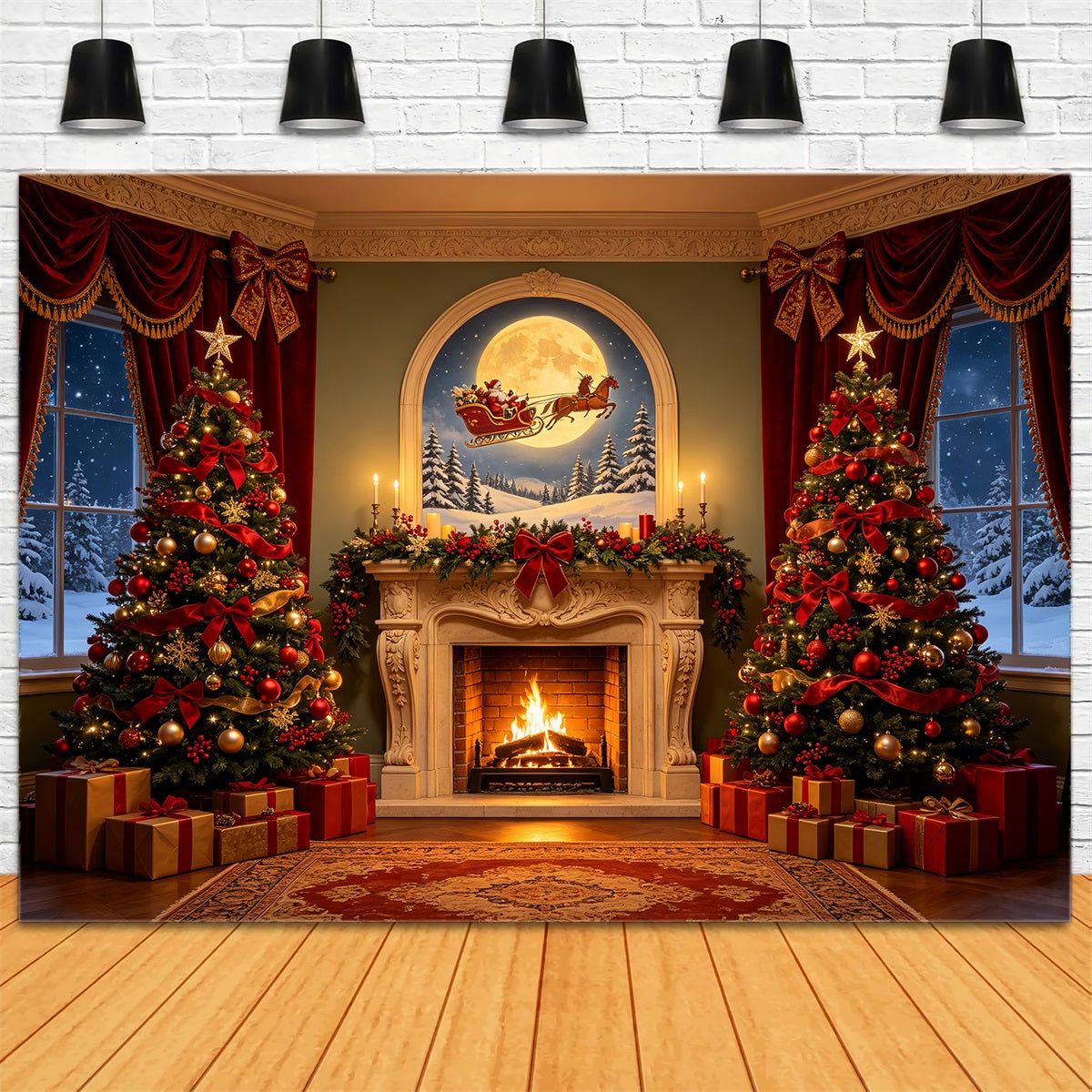 Victorian Christmas Backdrop Moonlit Fireplace Trees Photo Christmas Backdrop CSH68-74