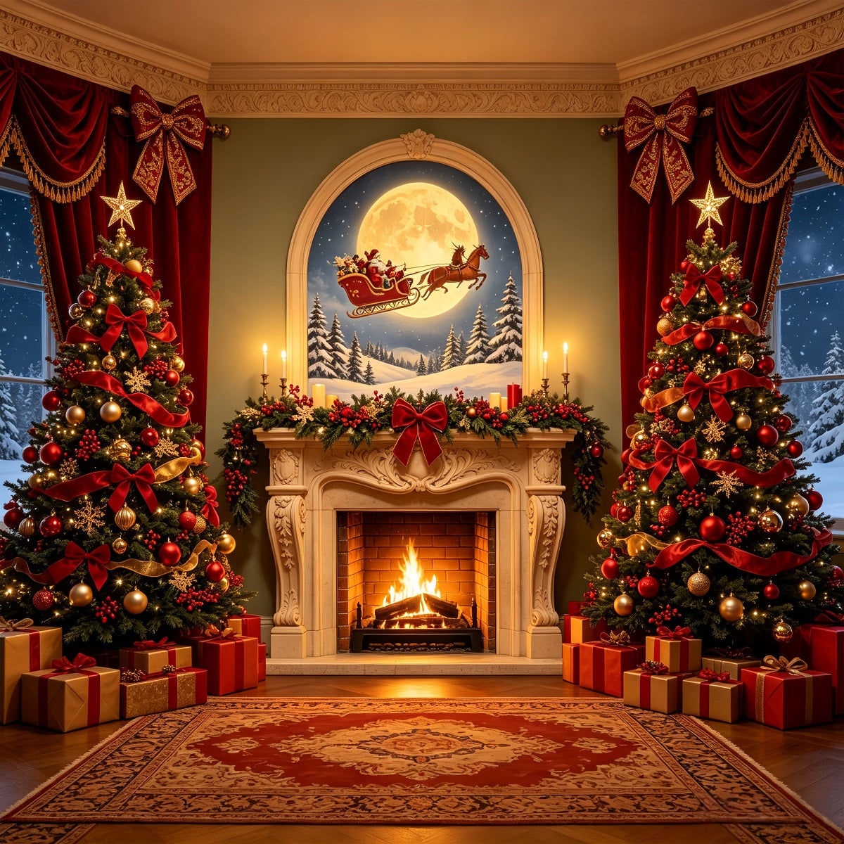 Victorian Christmas Backdrop Moonlit Fireplace Trees Photo Christmas Backdrop CSH68-74