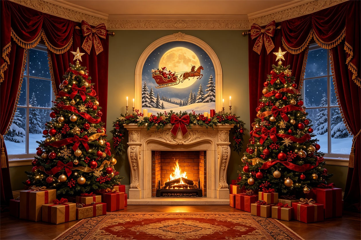 Victorian Christmas Backdrop Moonlit Fireplace Trees Photo Christmas Backdrop CSH68-74